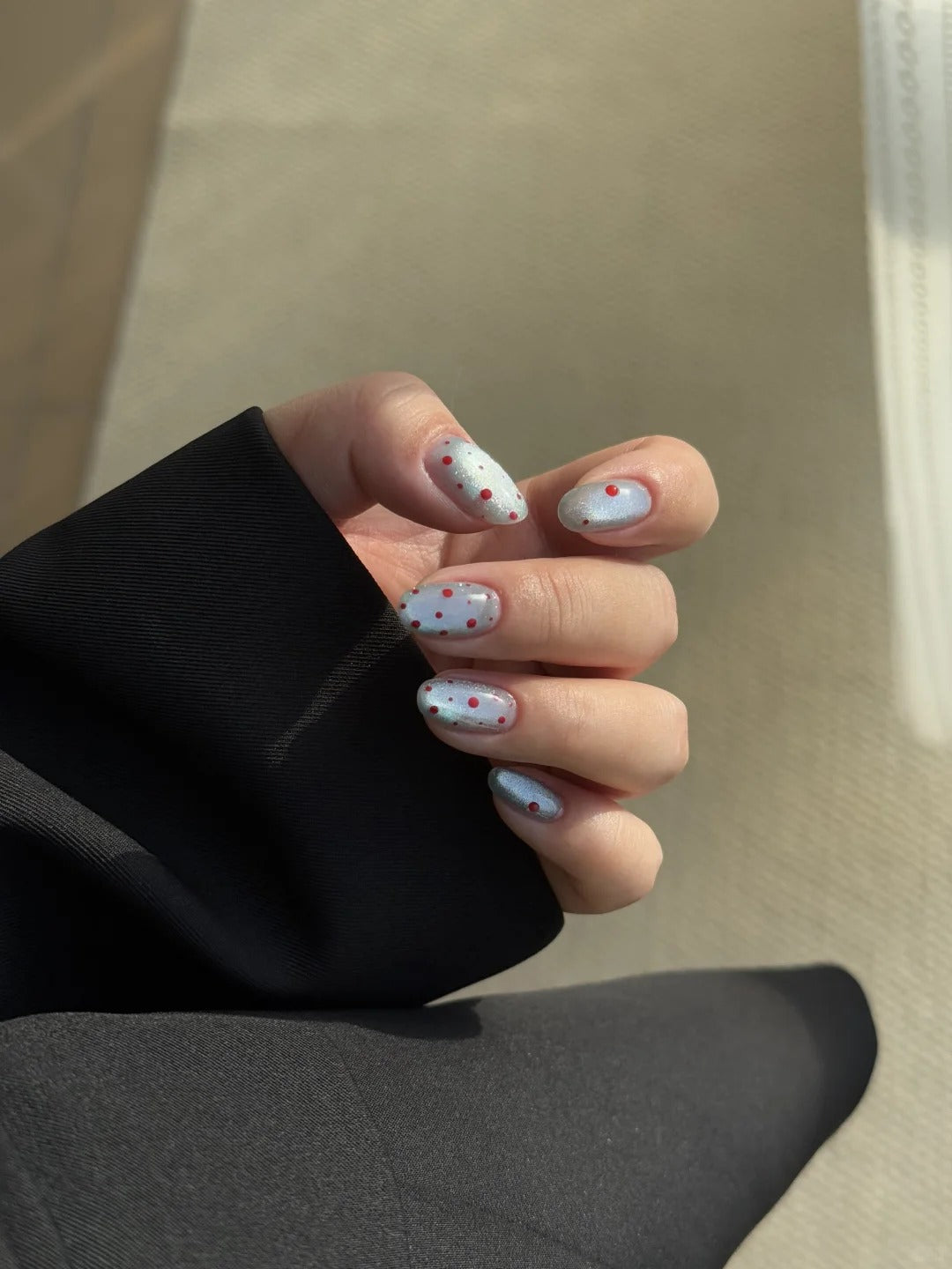 Siva Nail, Silver Shimmer, Red Dotted Handmade Press on Nails