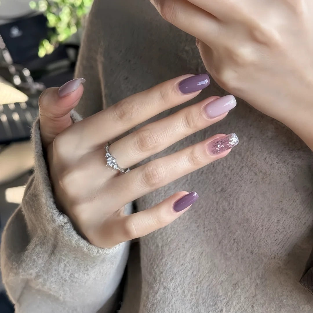 Siva Nail, Plum Dust, Mauve Glitter Mix Handmade Press on Nails