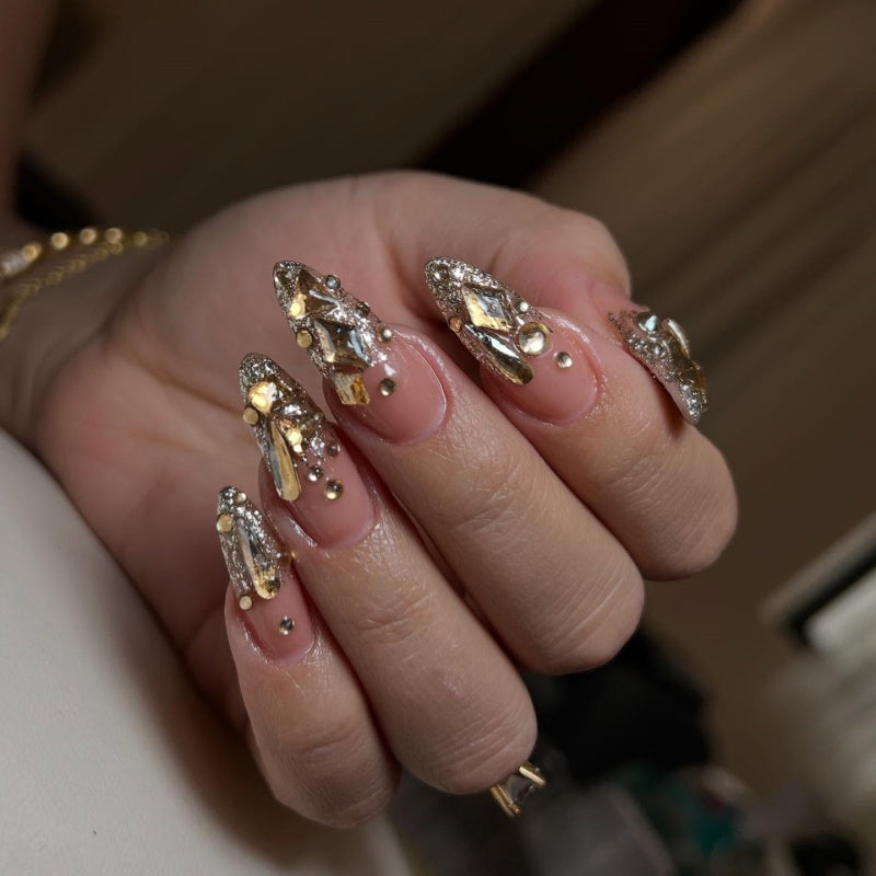 Siva Nail,Gold Crystal Luxe – 3D Rhinestone Handmade Press-On Nails