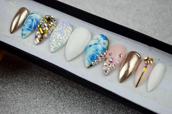 Seafoam Treasure Press-On Nails – Blue Metallic Beach Glam | Siva Nail
