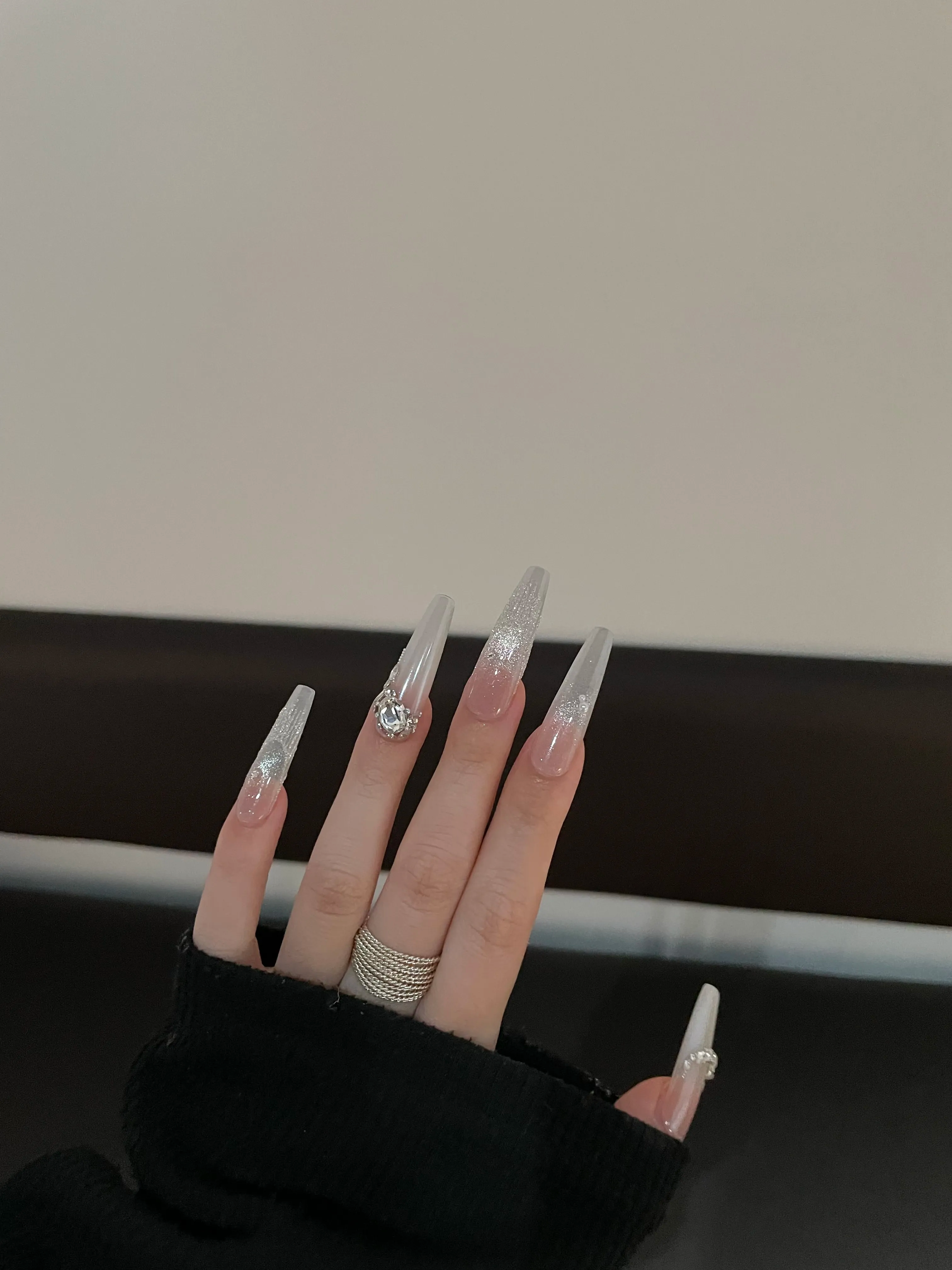 Siva Nail, Silver Sparkle & Crystal - Studded Handmade Press on Nails