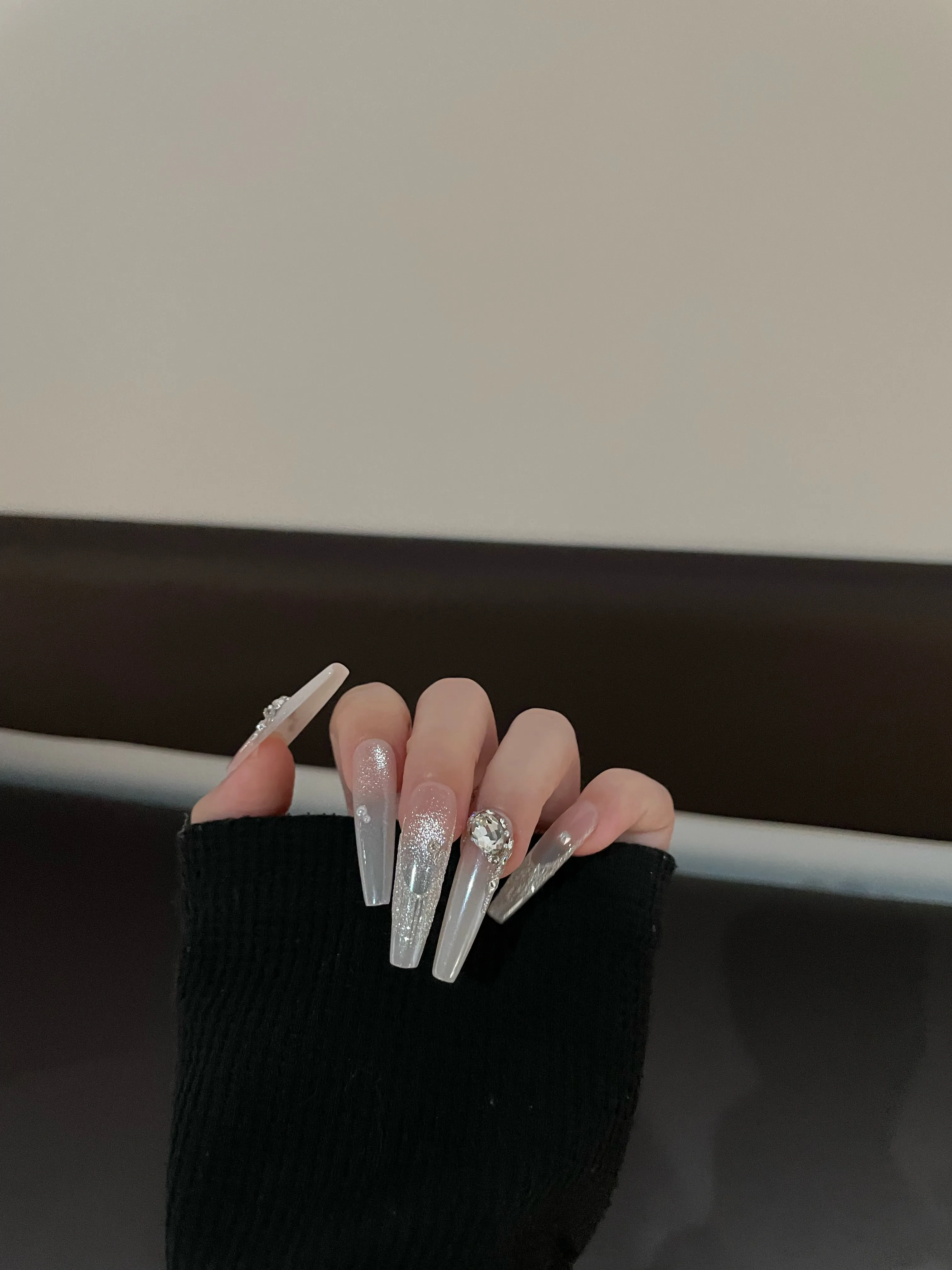 Siva Nail, Silver Sparkle & Crystal - Studded Handmade Press on Nails