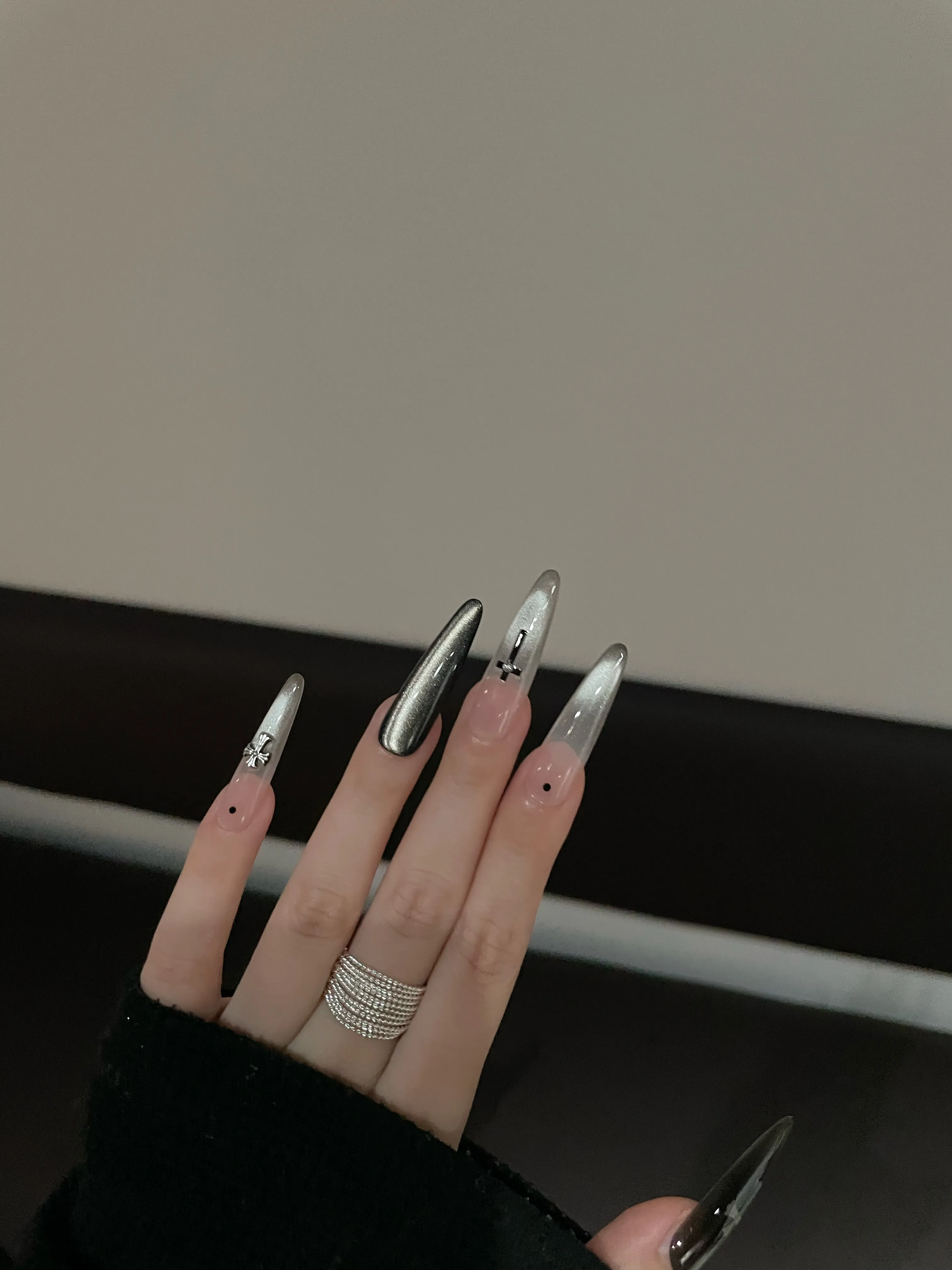 Siva Nail, Edgy Silver - Black Accent Handmade Press on Nails