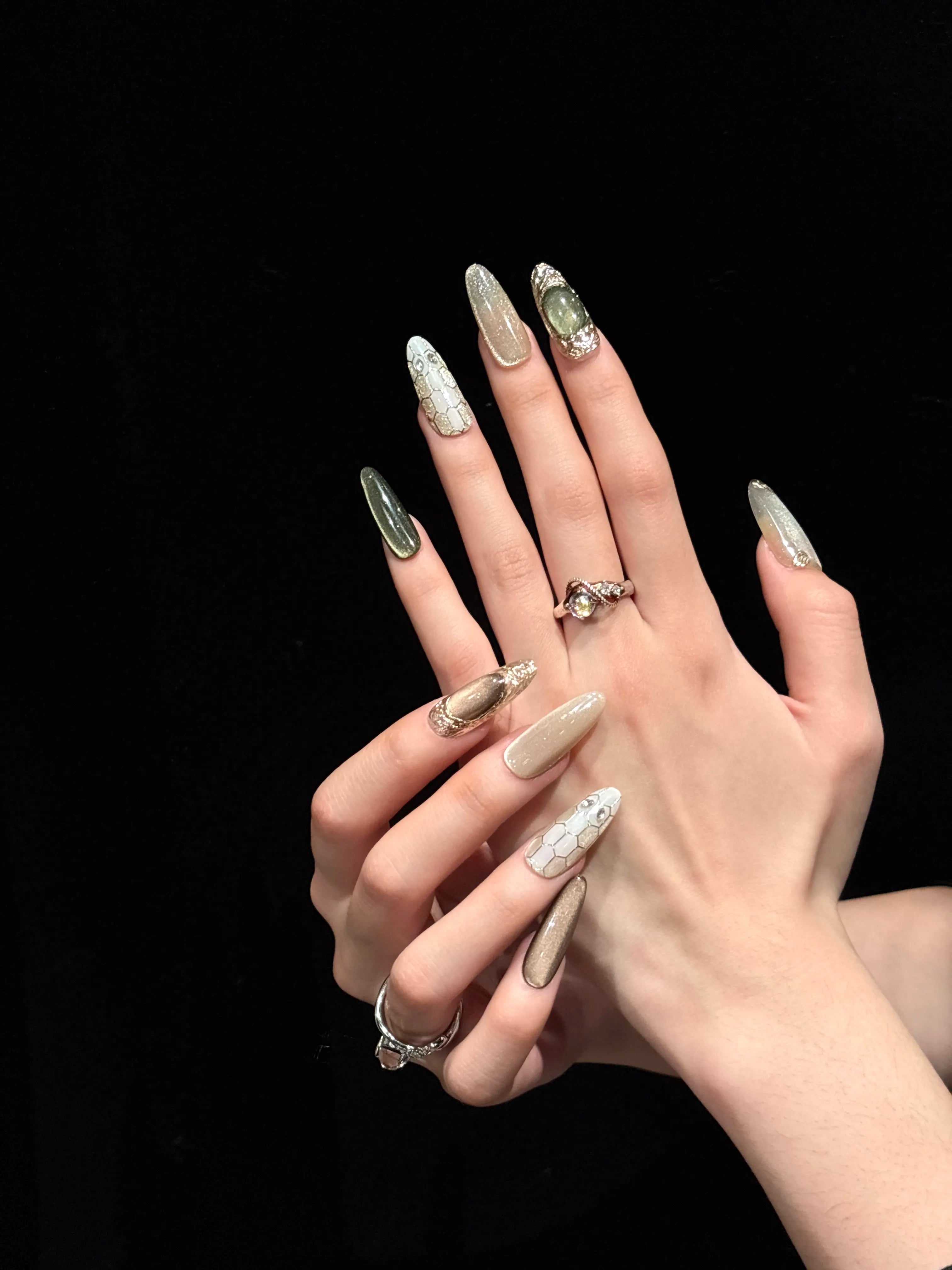 Siva Nail, Moss Marble, Green Nude Luxe Handmade Press on Nails