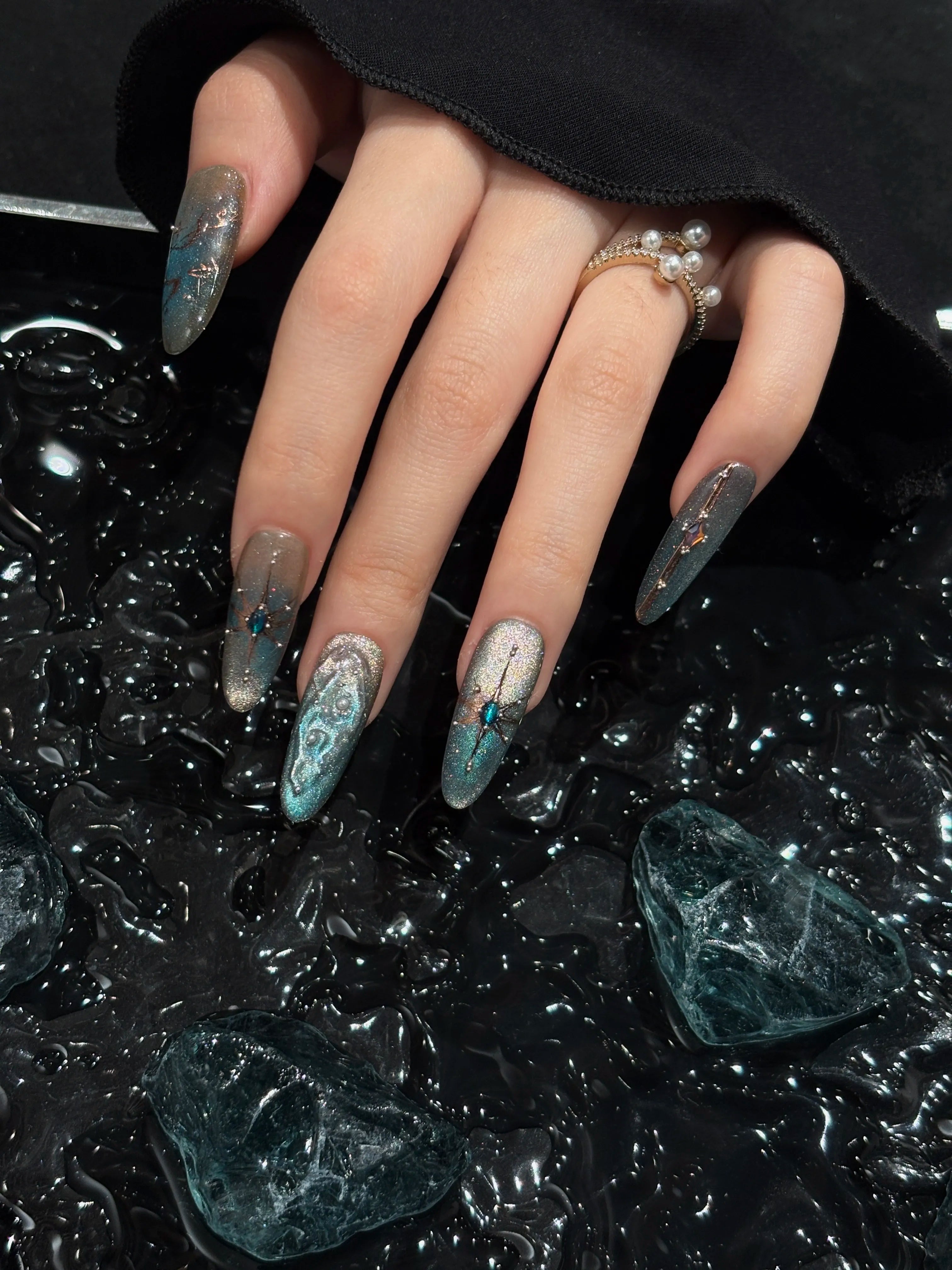 Siva Nail, Crystal Nebula, Holographic Teal Handmade Press on Nails