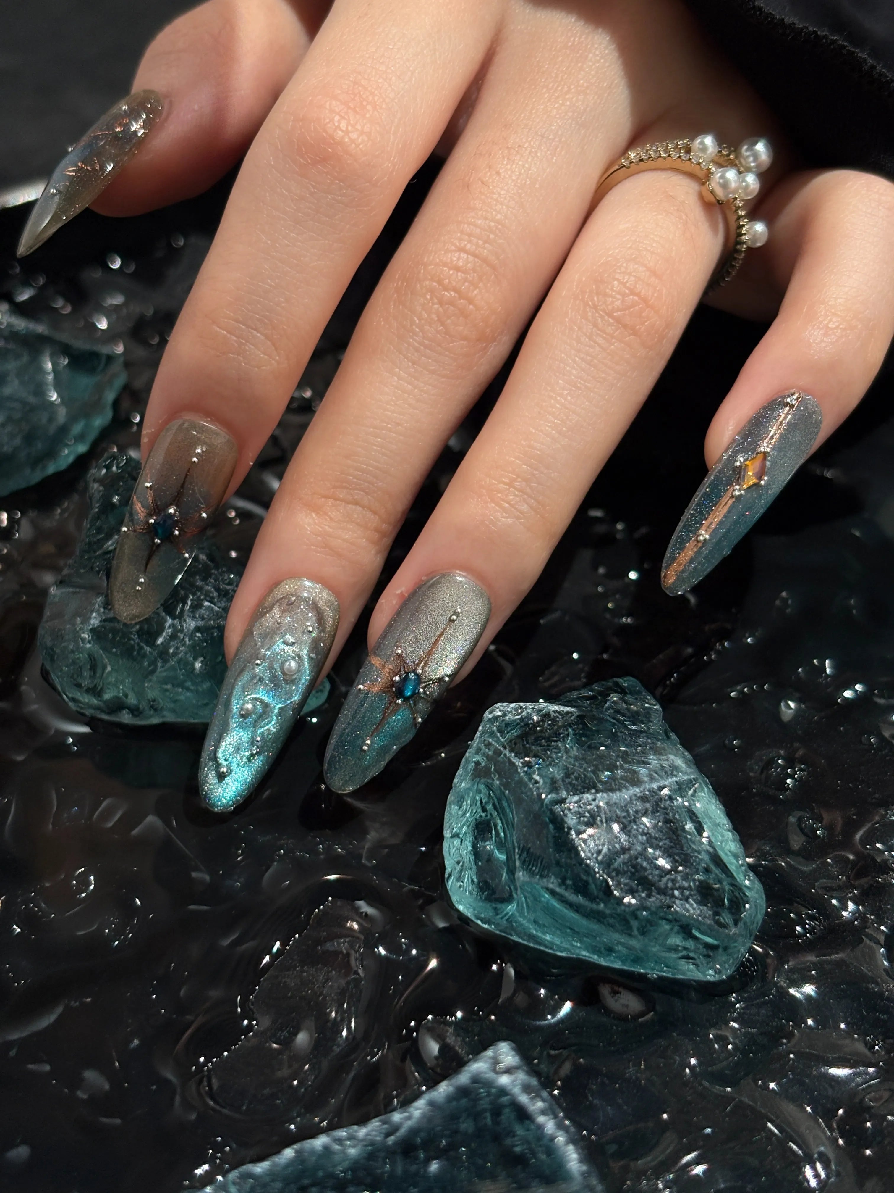 Siva Nail, Crystal Nebula, Holographic Teal Handmade Press on Nails