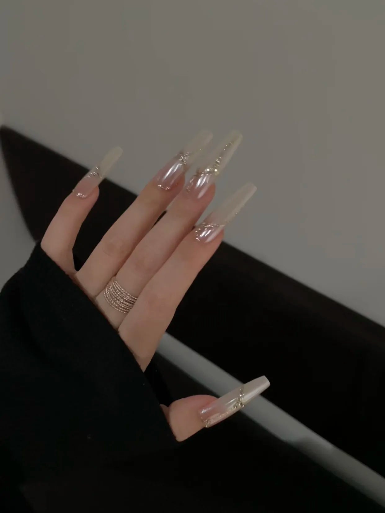 Siva Nail, Milky White with Silver Chains Handmade Press on Nails