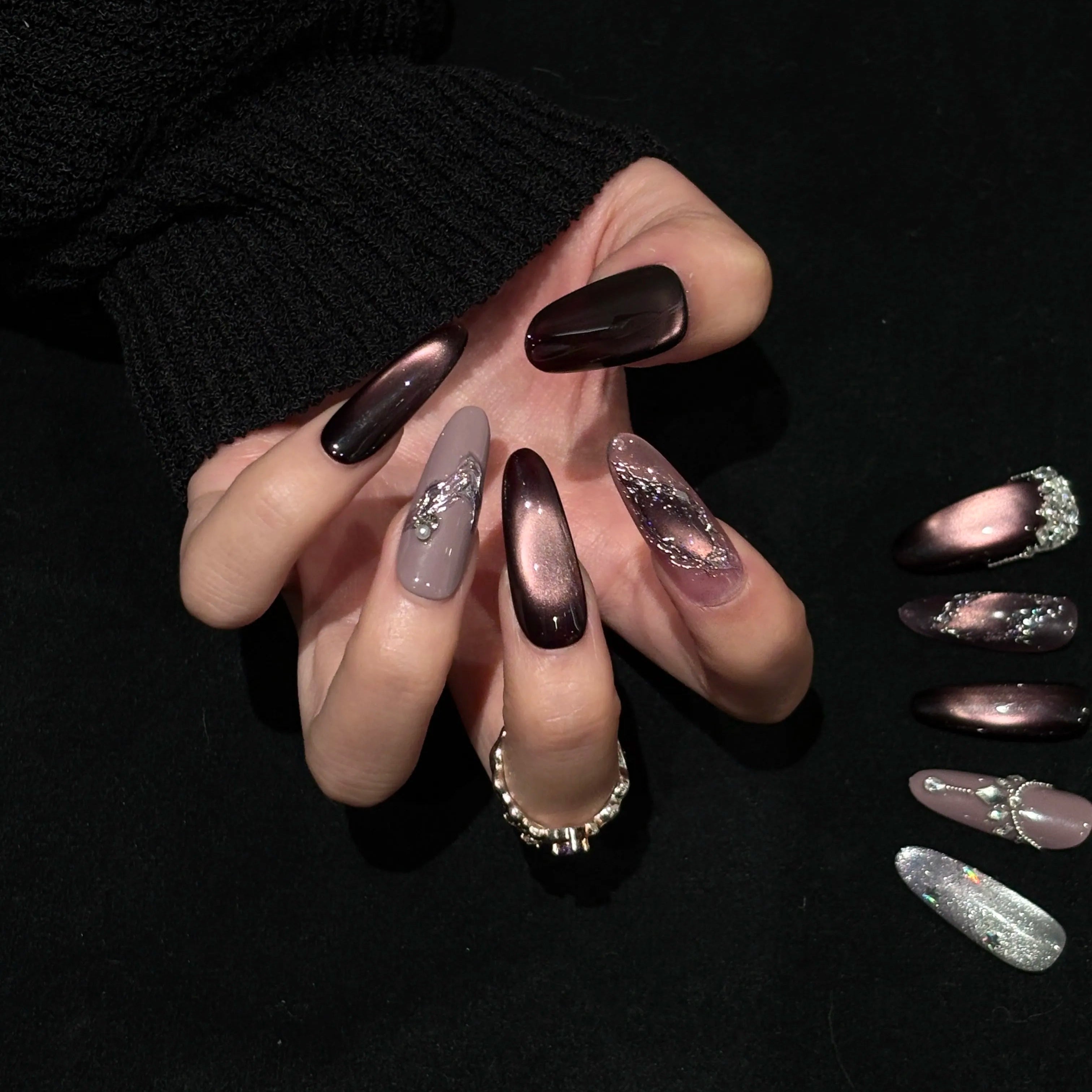 Siva Nail, Velvet Eclipse, Burgundy Chrome Handmade Press on Nails