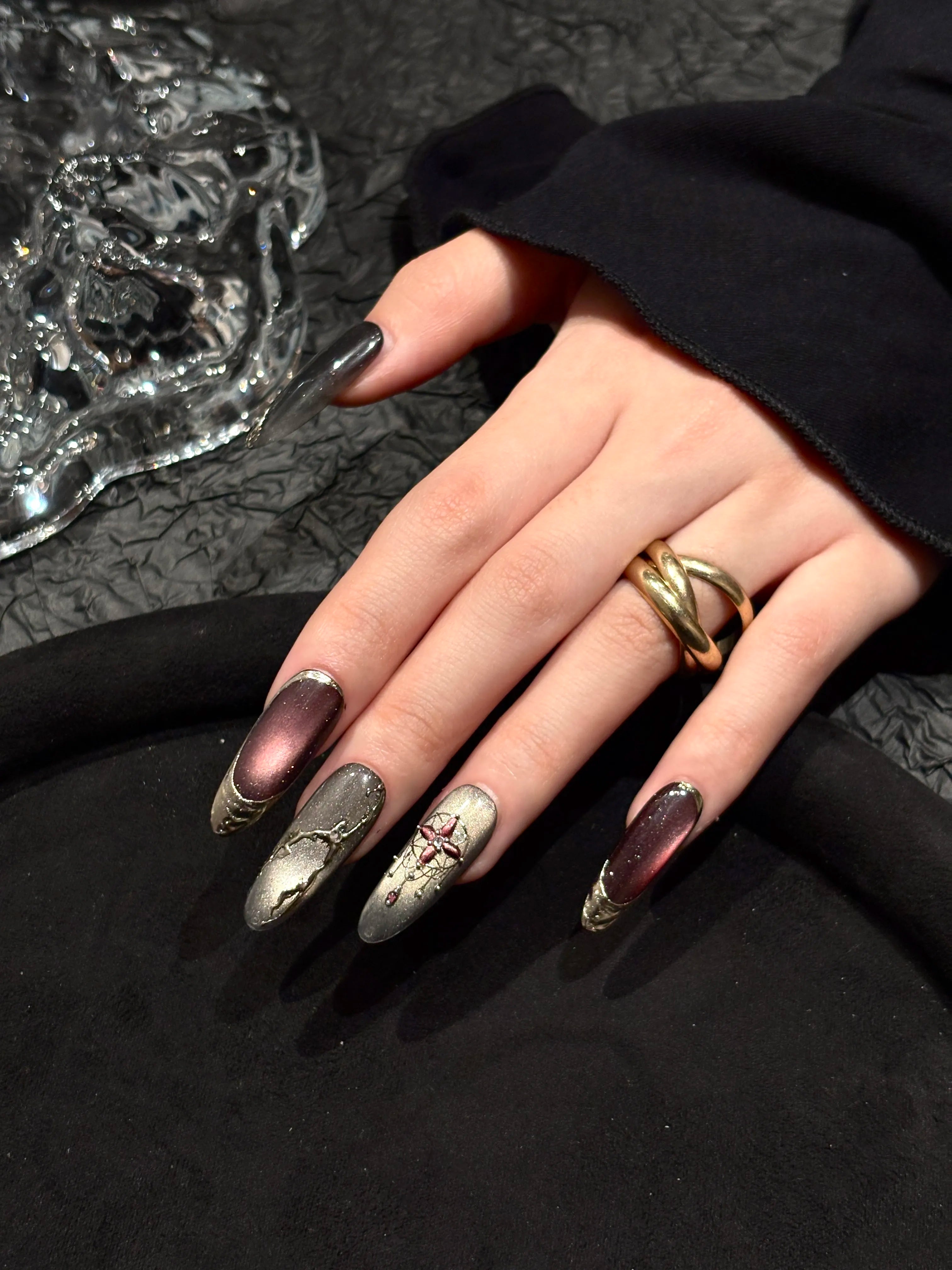Siva Nail, Ember Stone, Red Chrome & Grey Handmade Press on Nails
