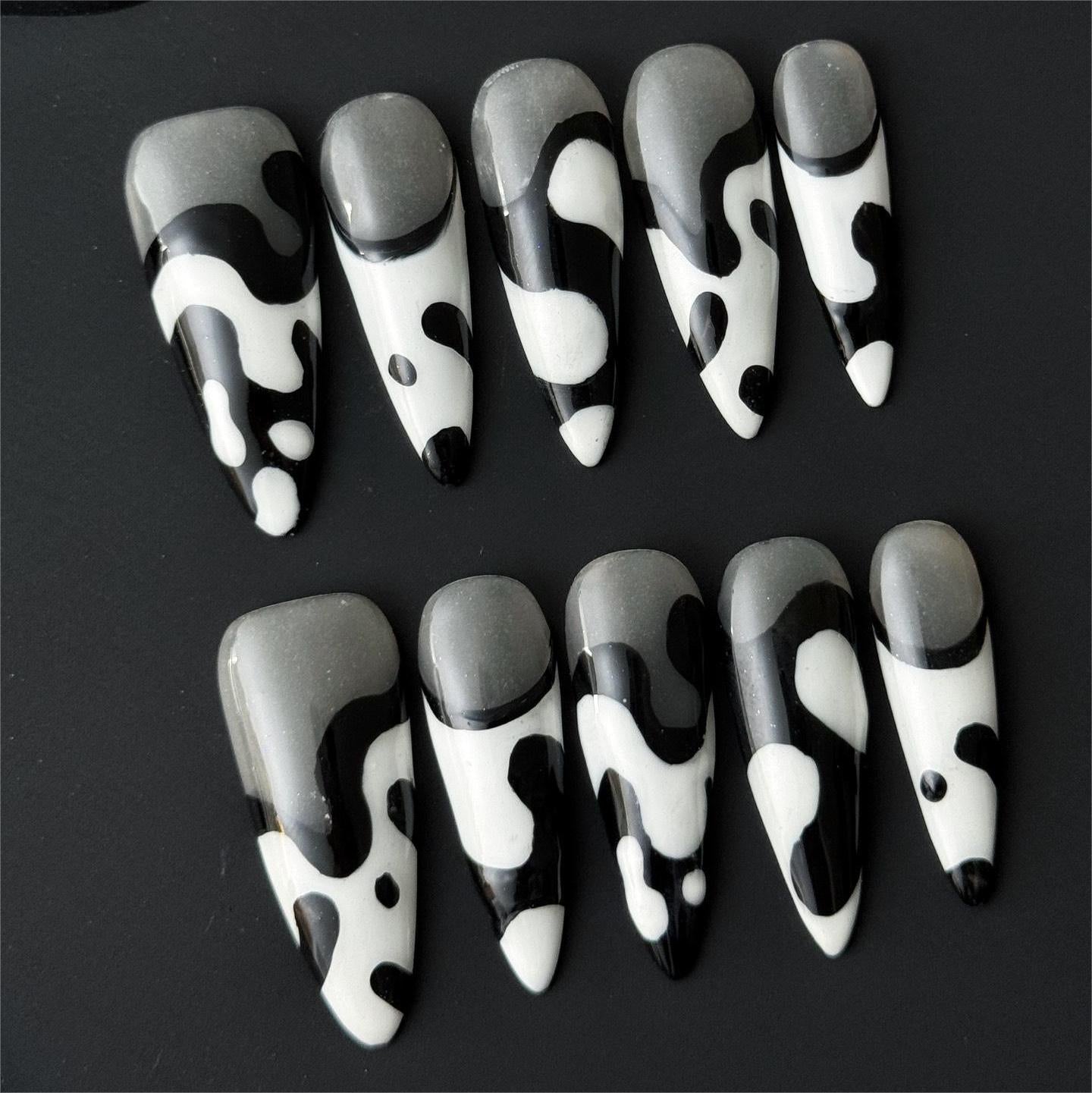 Siva Nail, Monochrome Wave, Abstract Press on Nails