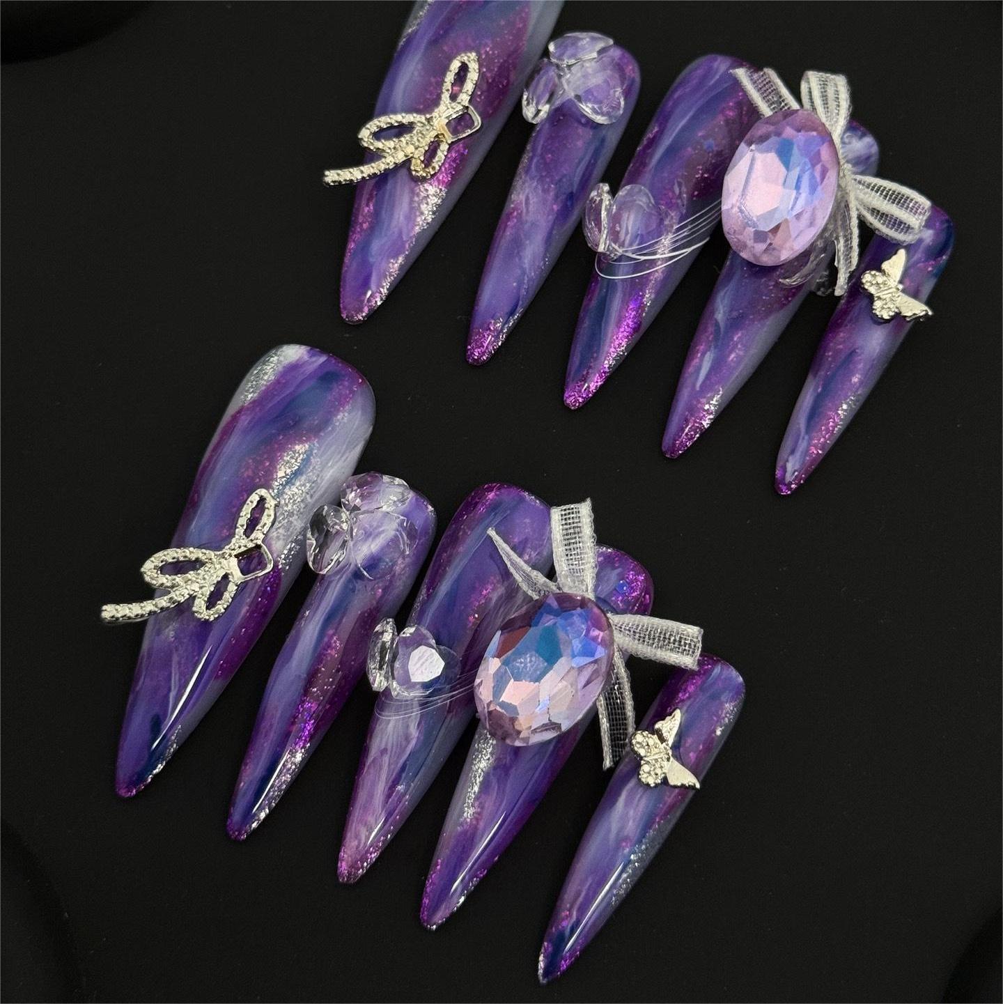 Siva Nail, Amethyst Allure, Crystal Charm Press on Nails