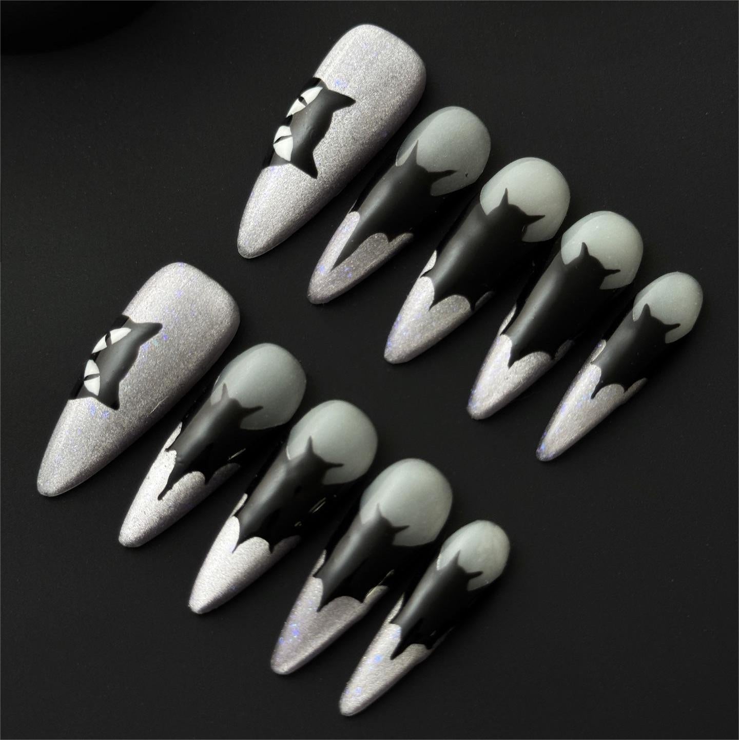 Siva Nail, Shadow Moon, Black and Silver Press on Nails