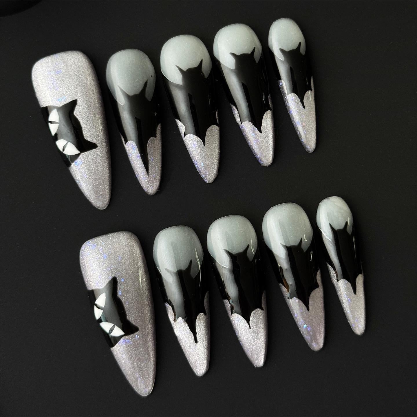 Siva Nail, Shadow Moon, Black and Silver Press on Nails