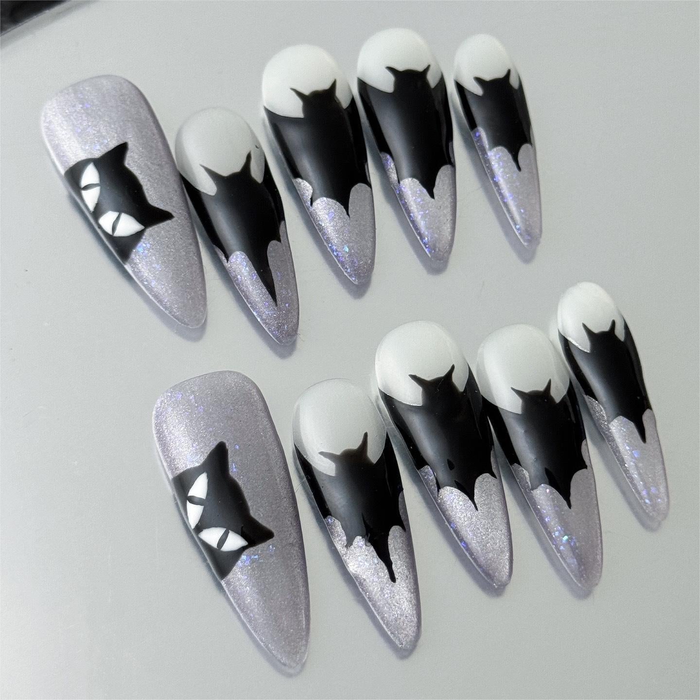 Siva Nail, Shadow Moon, Black and Silver Press on Nails