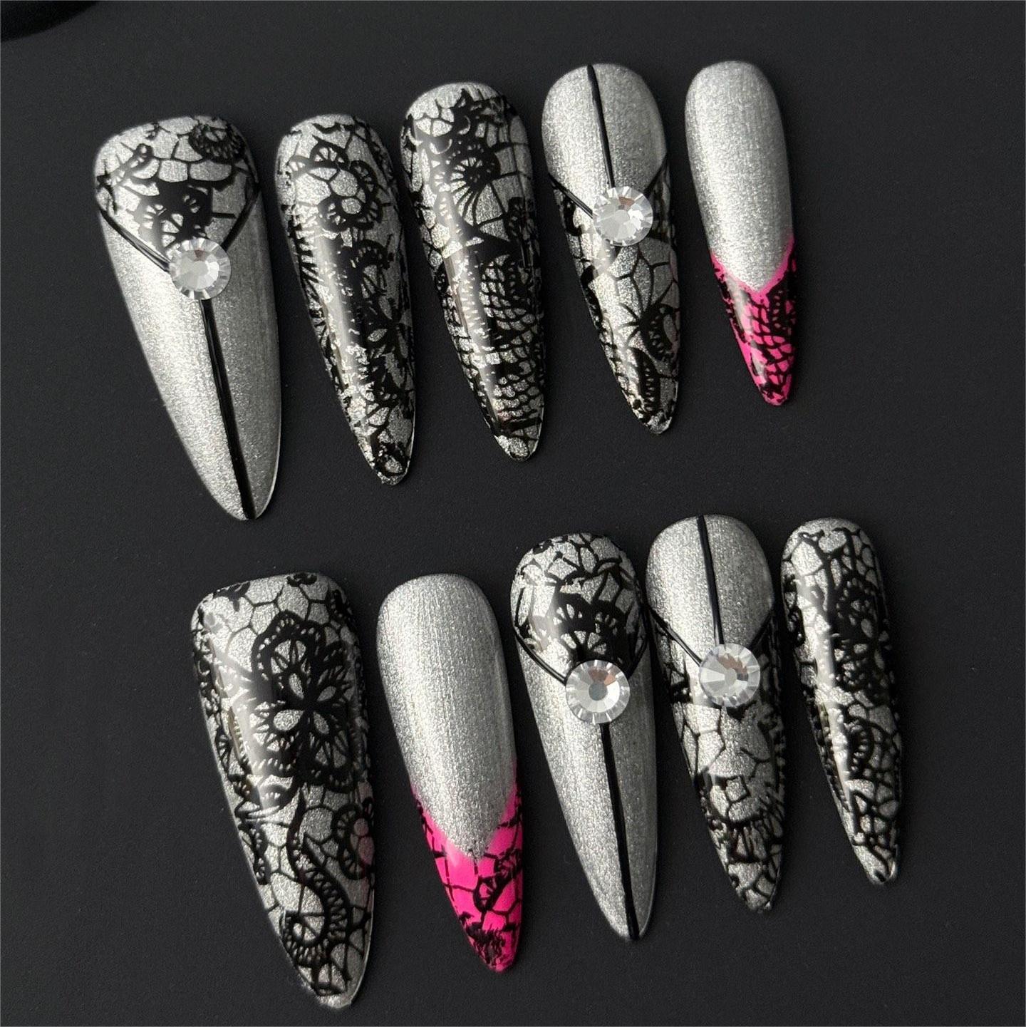 Siva Nail, Gothic Lace, Silver Lace Press on Nails