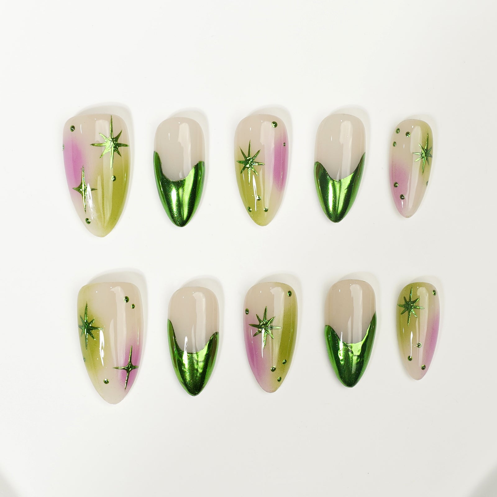 Siva Nail, Verdant Whimsy, Ombre Artistic Green and Purple, Acrylic Handmade Press on Nails