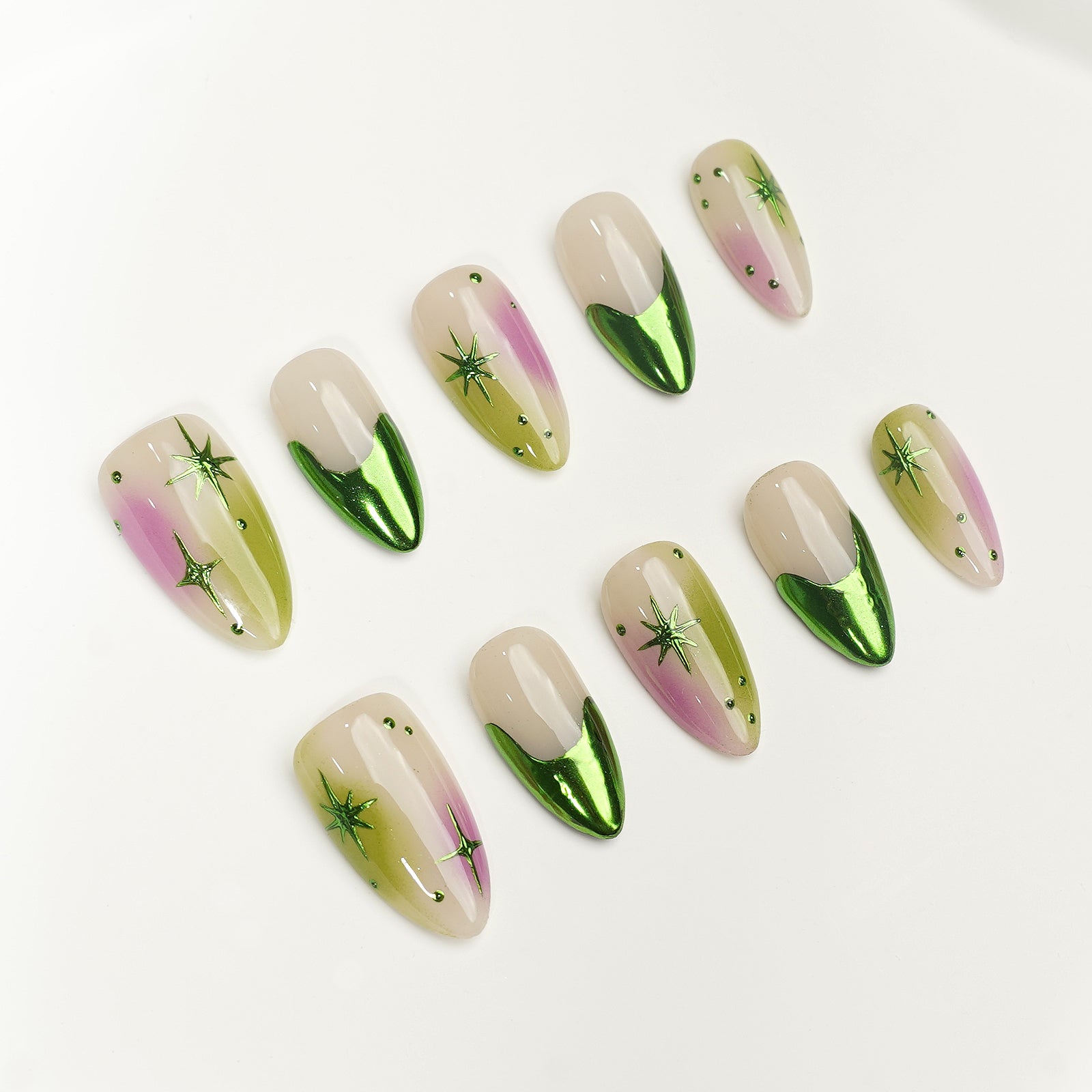 Siva Nail, Verdant Whimsy, Ombre Artistic Green and Purple, Acrylic Handmade Press on Nails