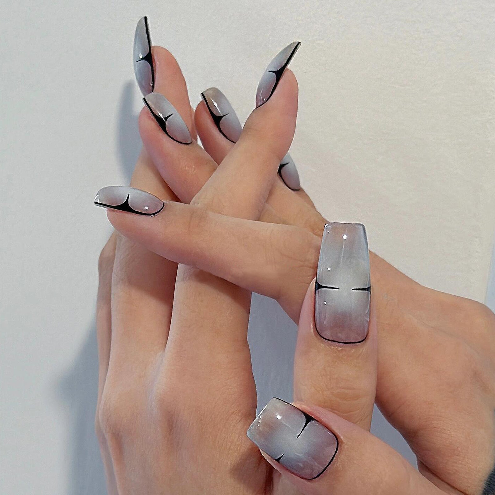 Siva Nail, Silver Storm, Modern Geometry, Handmade Press on Nails