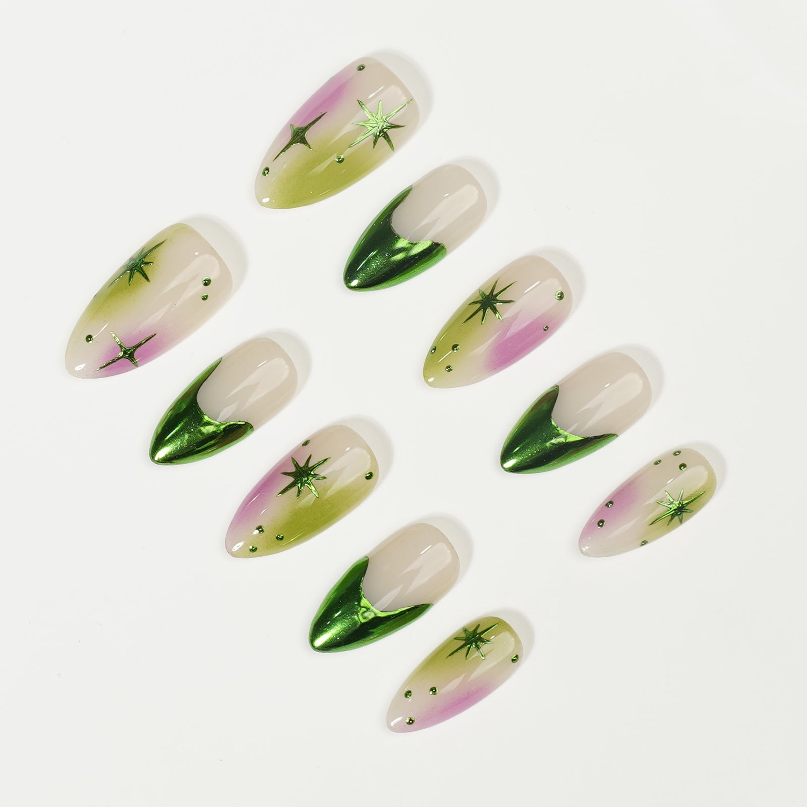 Siva Nail, Verdant Whimsy, Ombre Artistic Green and Purple, Acrylic Handmade Press on Nails