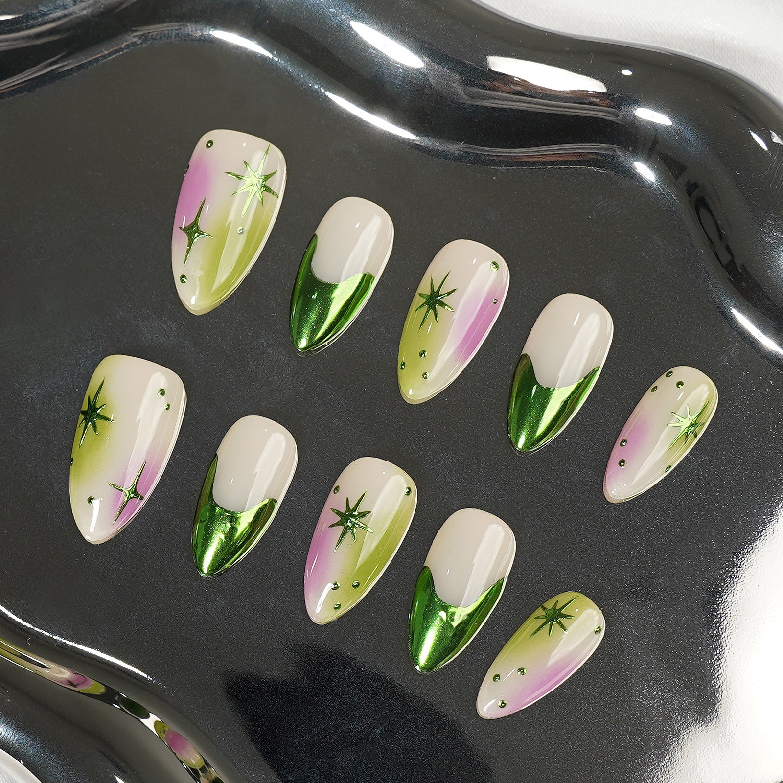 Siva Nail, Verdant Whimsy, Ombre Artistic Green and Purple, Acrylic Handmade Press on Nails