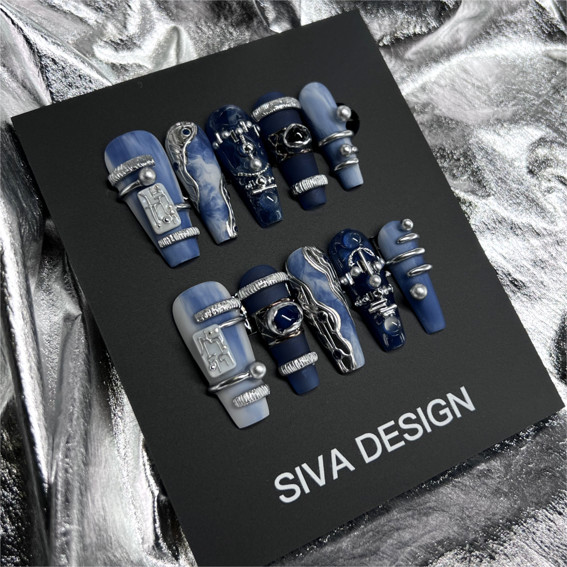 Siva Nail, Blue Tears, Metallic Art, Acrylic Handmade Press on Nails