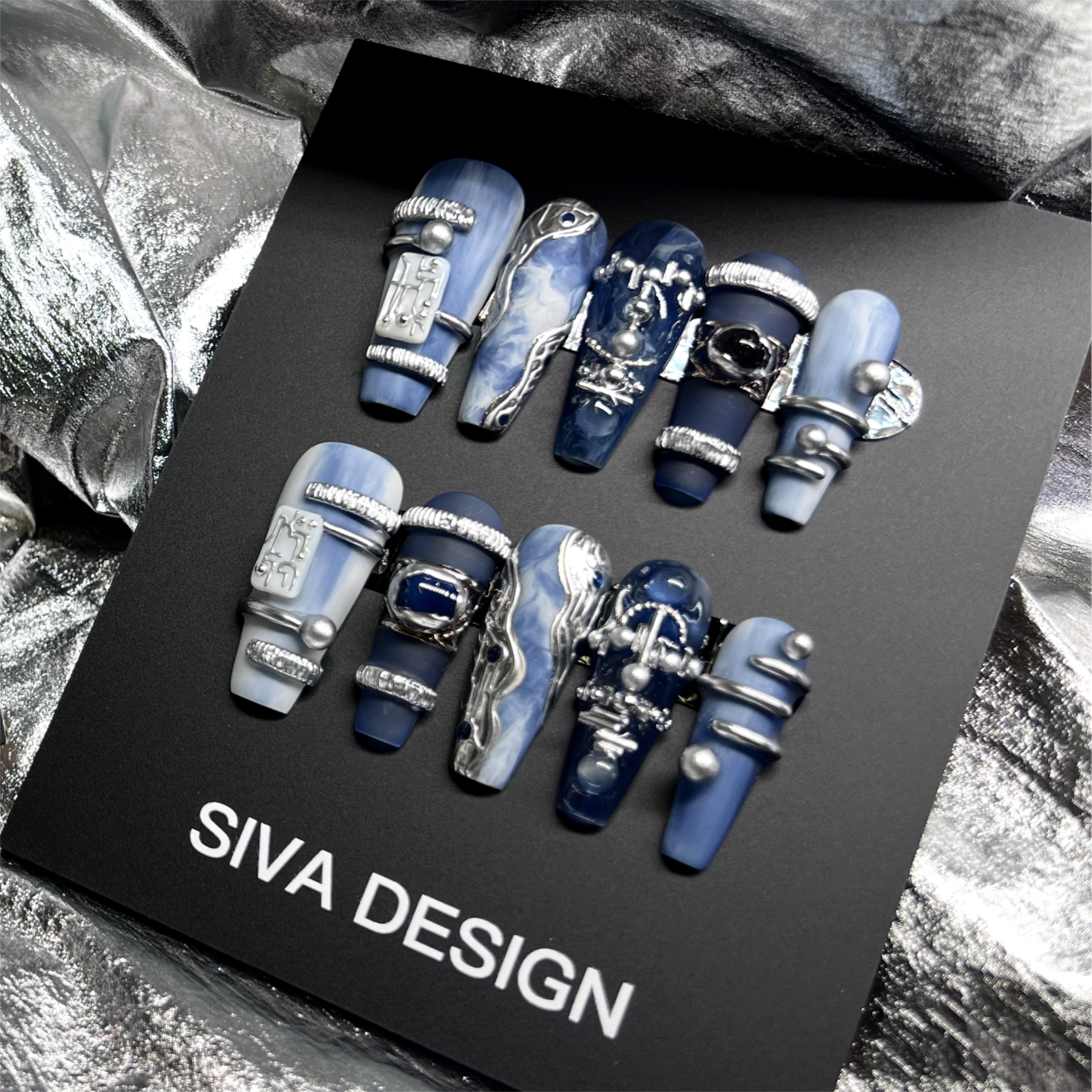 Siva Nail, Blue Tears, Metallic Art, Acrylic Handmade Press on Nails