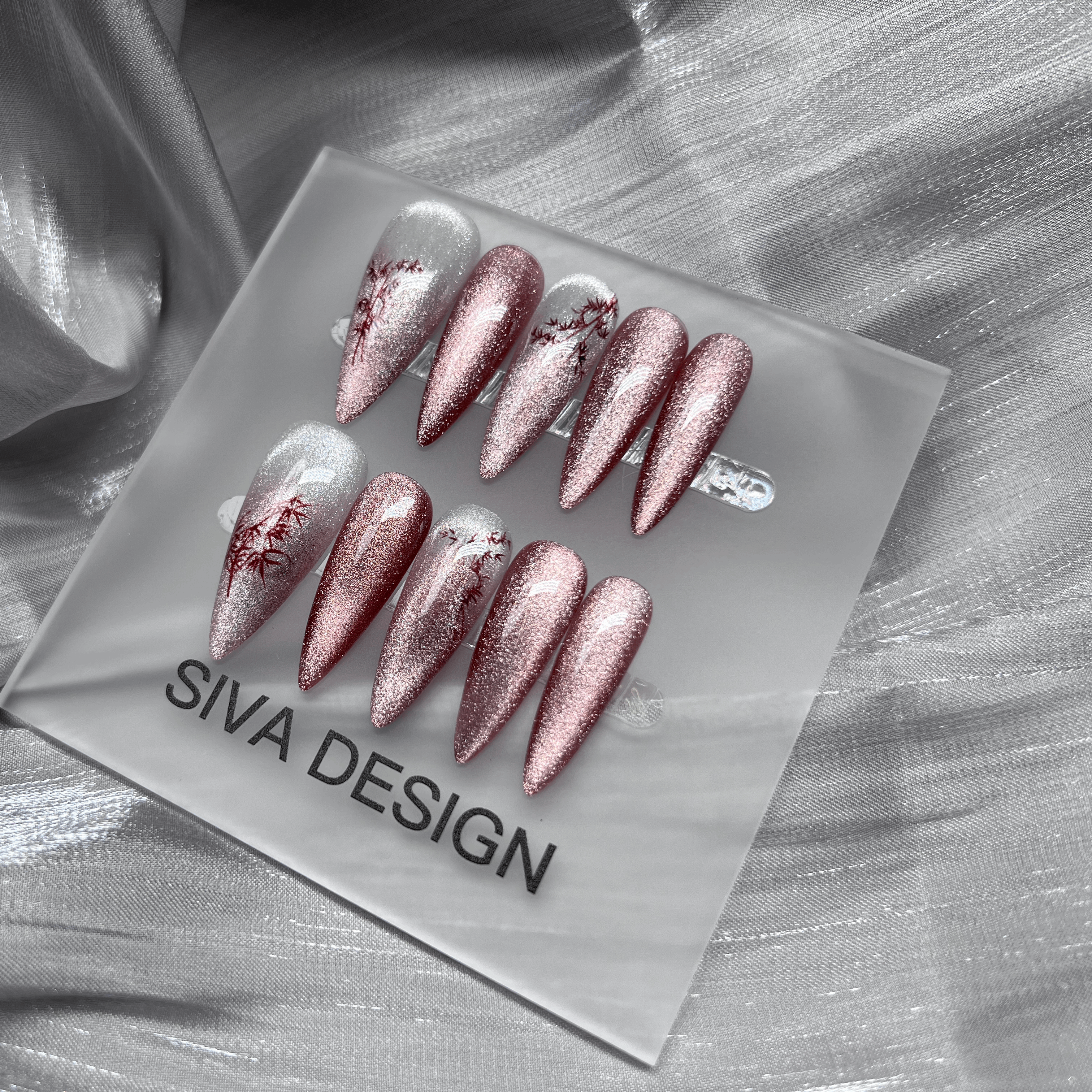 Siva Nail, Frosted Rose, Shimmering Pink Ombre, Handmade Press on Nails