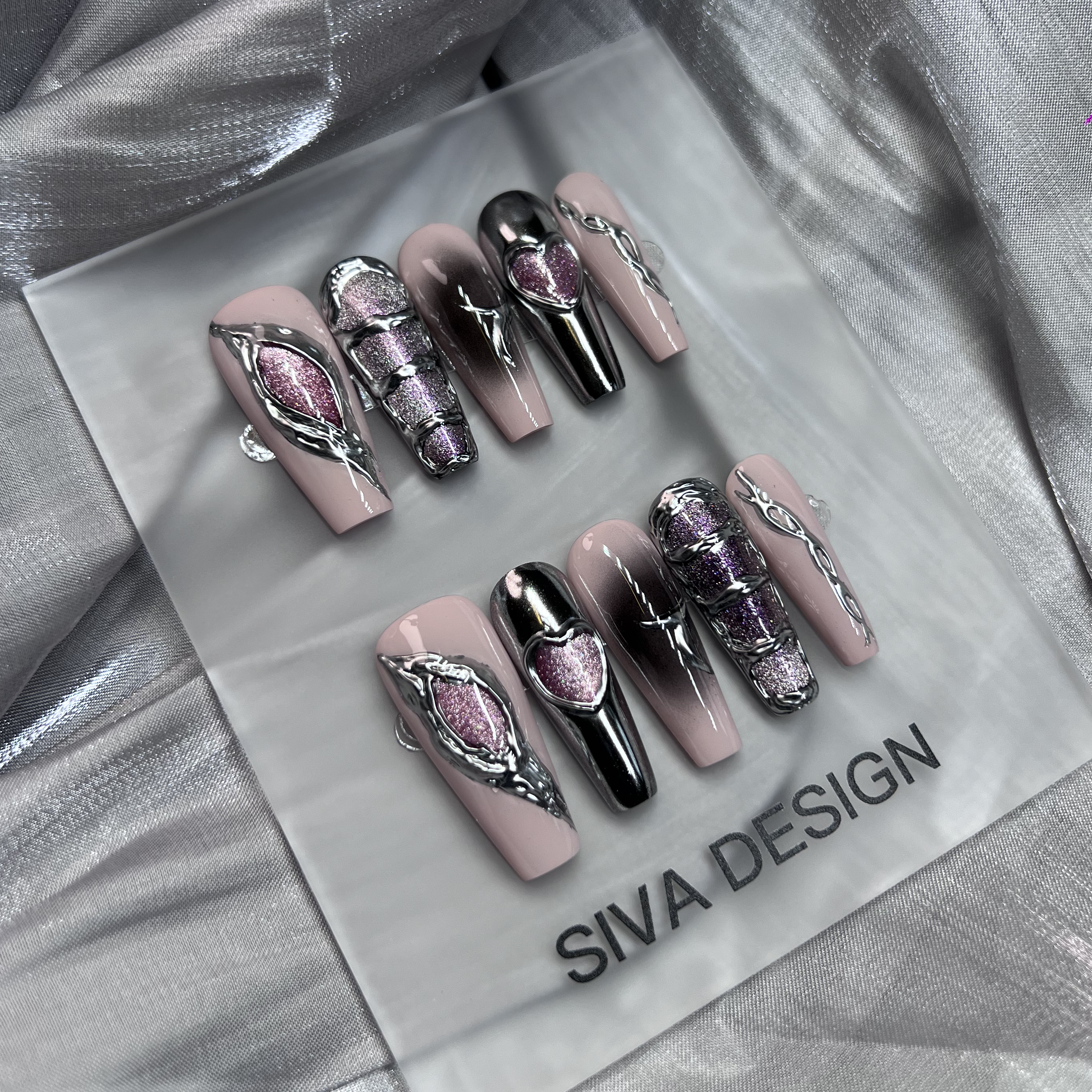 Siva Nail, Planet 301, Metallic Chrome, Acrylic Handmade Press on Nails