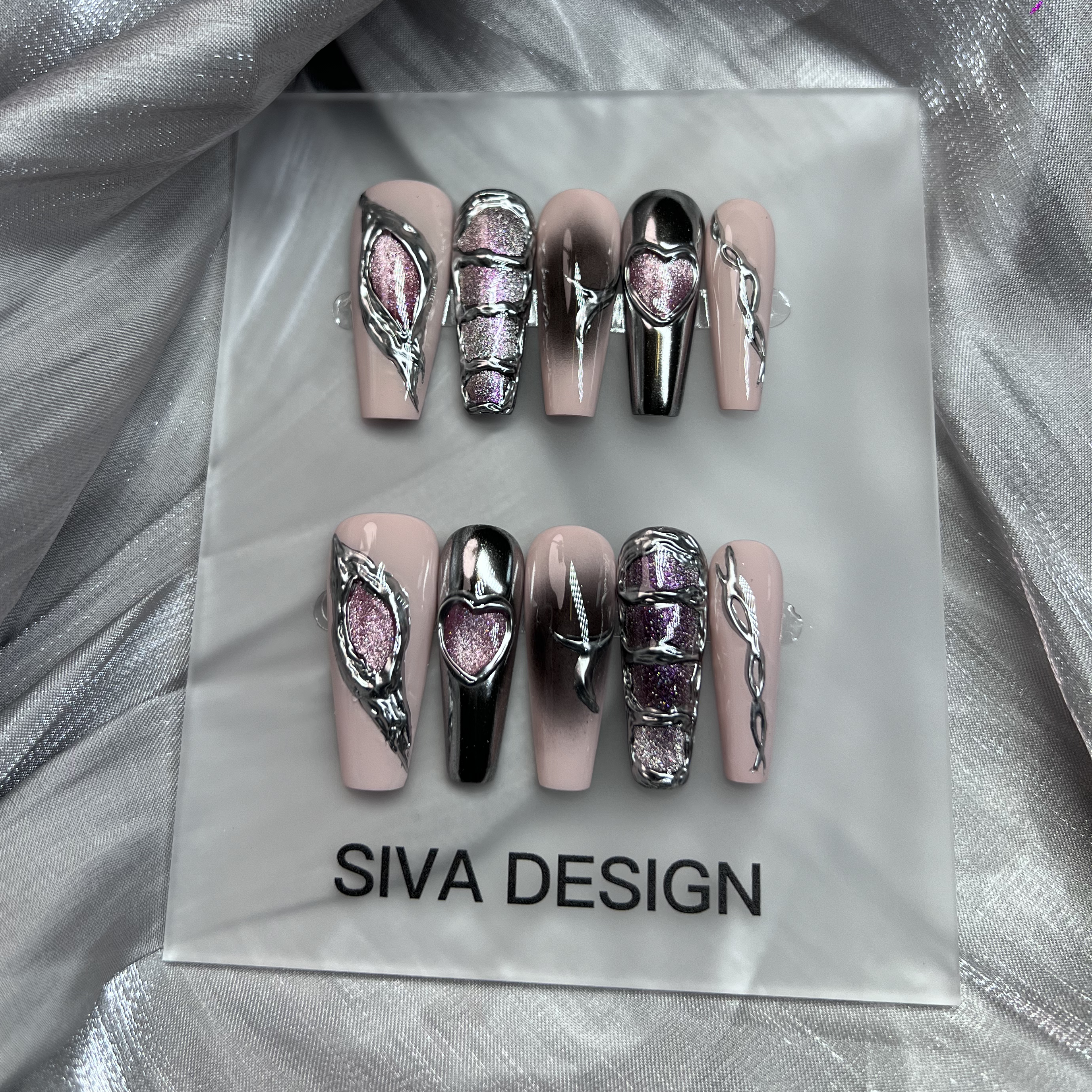 Siva Nail, Planet 301, Metallic Chrome, Acrylic Handmade Press on Nails