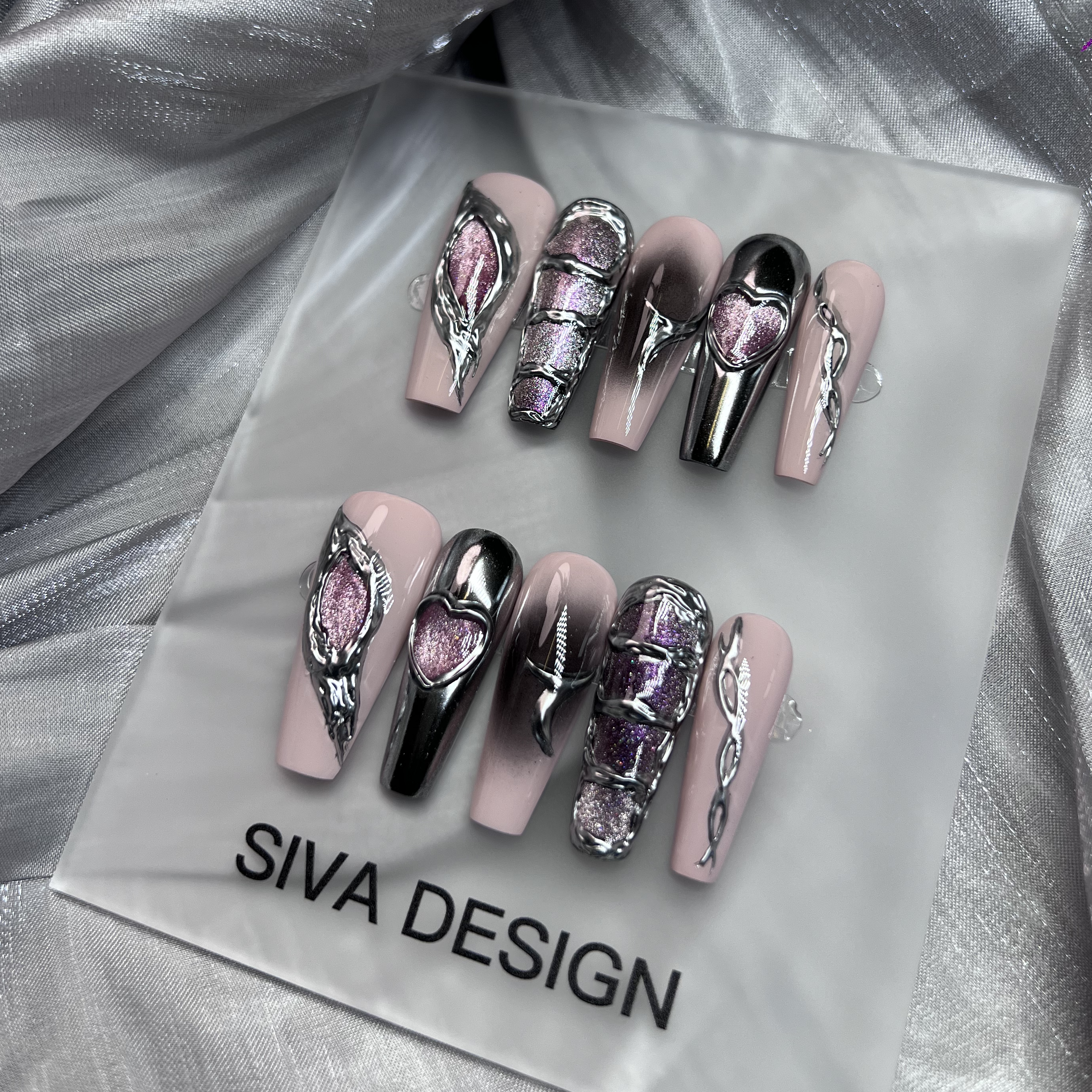 Siva Nail, Planet 301, Metallic Chrome, Acrylic Handmade Press on Nails