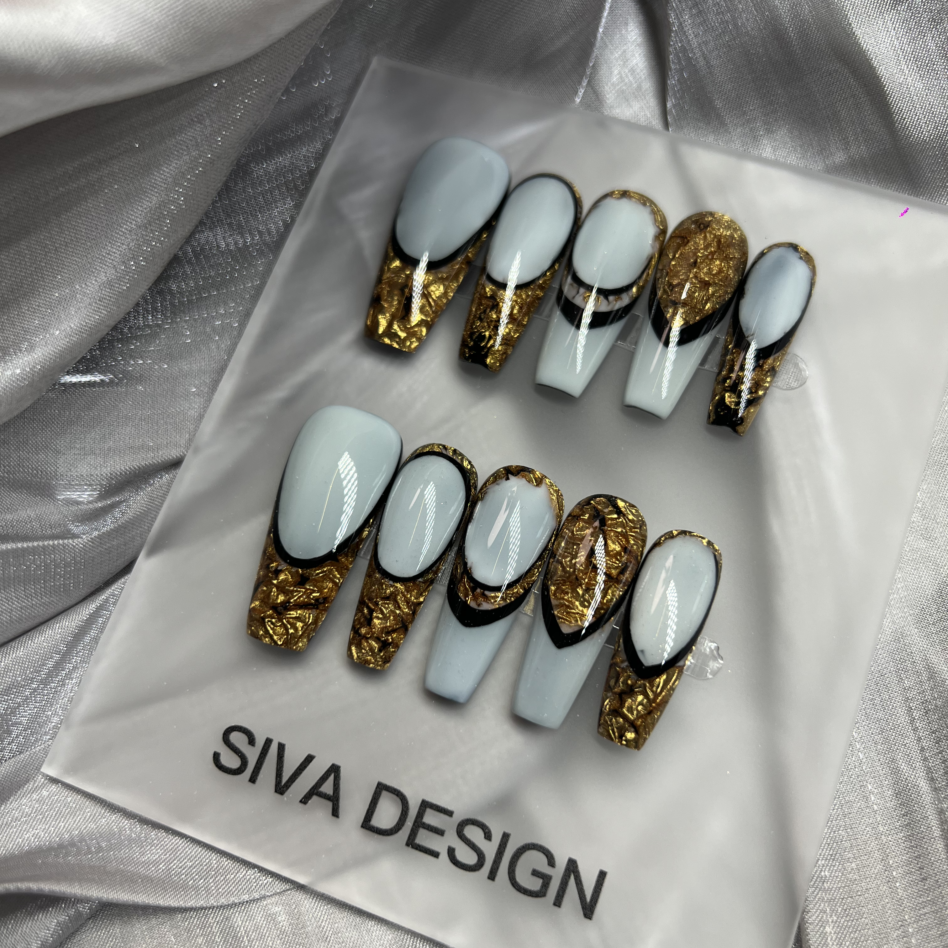 Siva Nail, Golddust, French, Luxurious Gold Foil, Acrylic Handmade Press on Nails