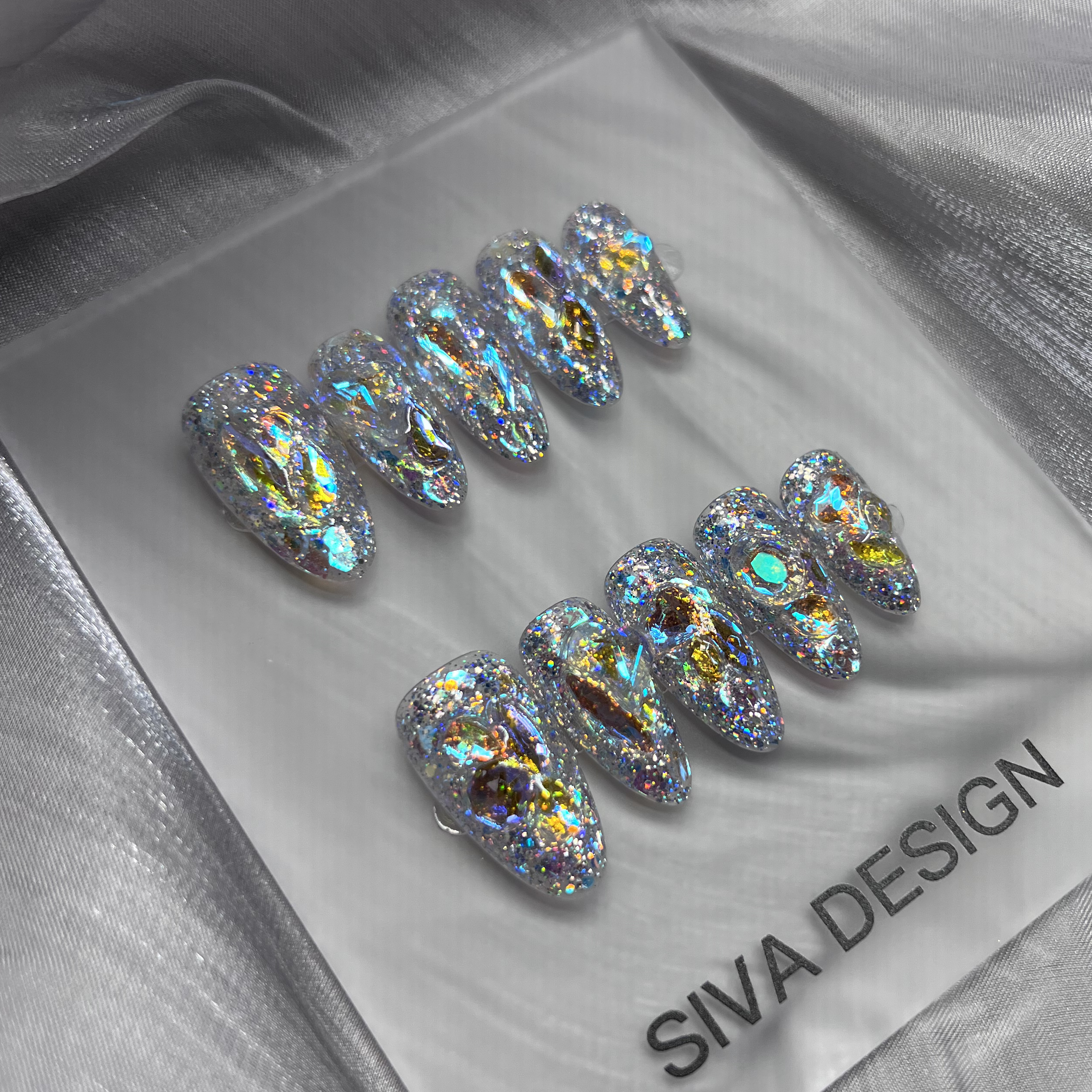 Siva Nail, Stardust Glimmers, Iridescent Sparkle, Acrylic Handmade Press on Nails