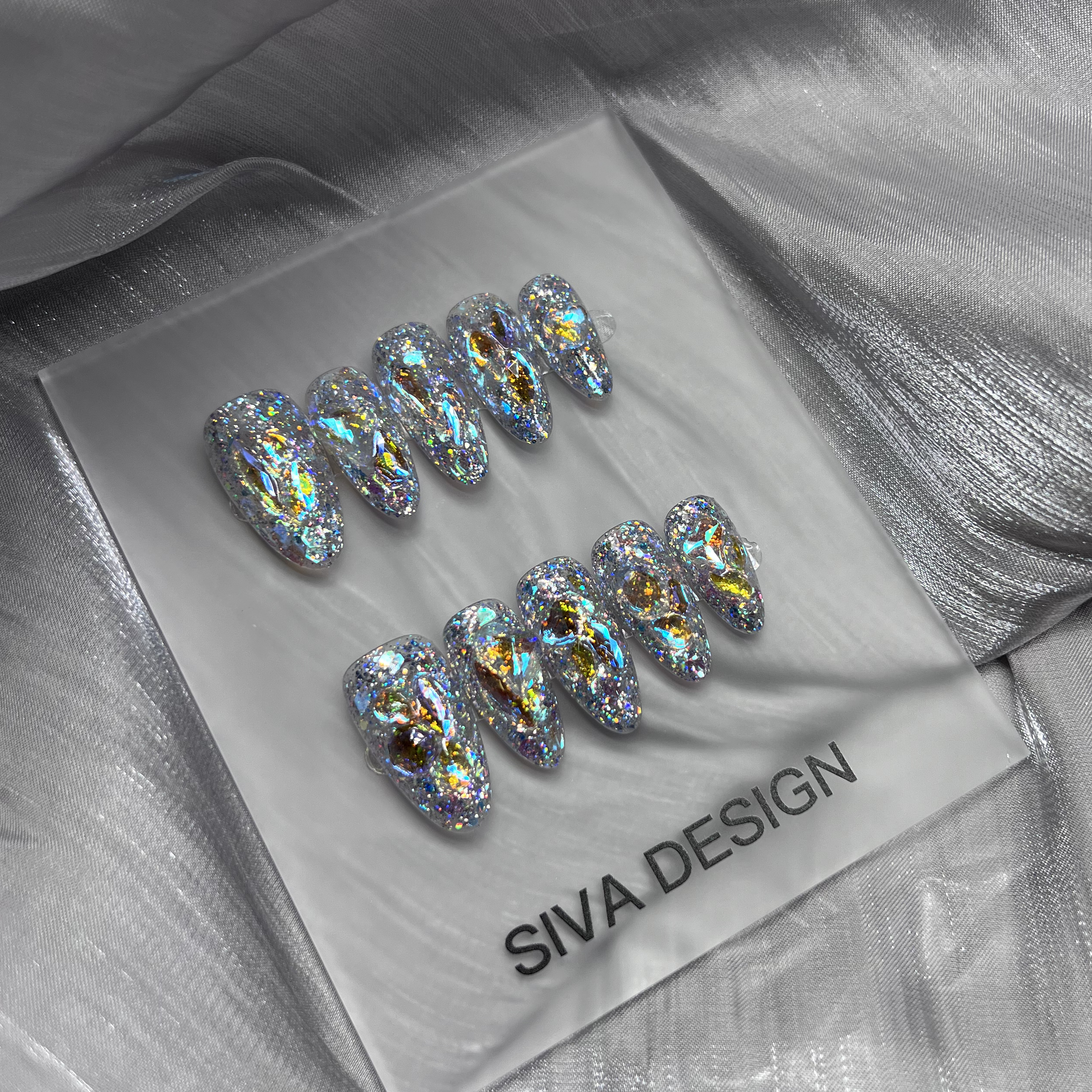 Siva Nail, Stardust Glimmers, Iridescent Sparkle, Acrylic Handmade Press on Nails