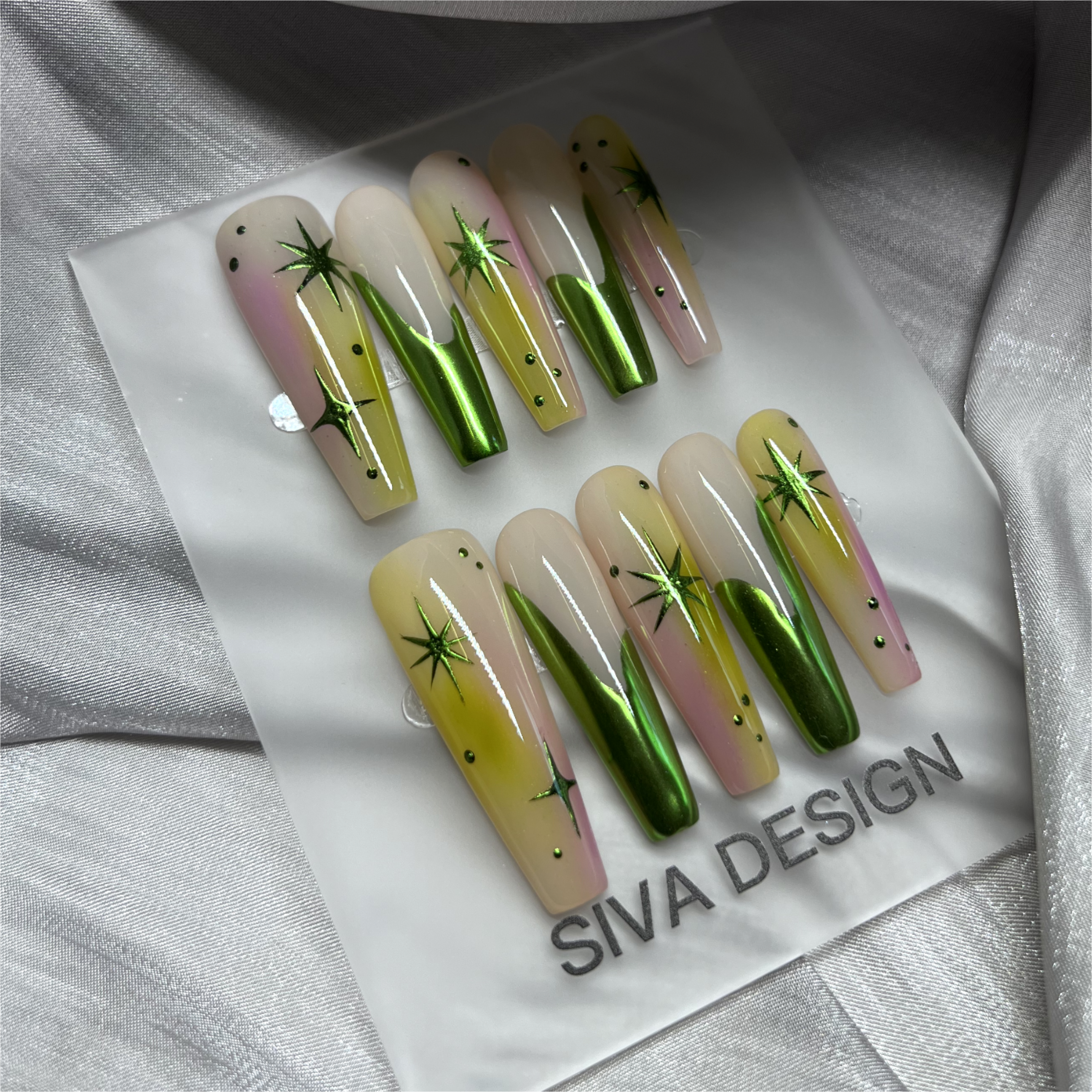 Siva Nail, Verdant Whimsy, Ombre Artistic Green and Purple, Acrylic Handmade Press on Nails