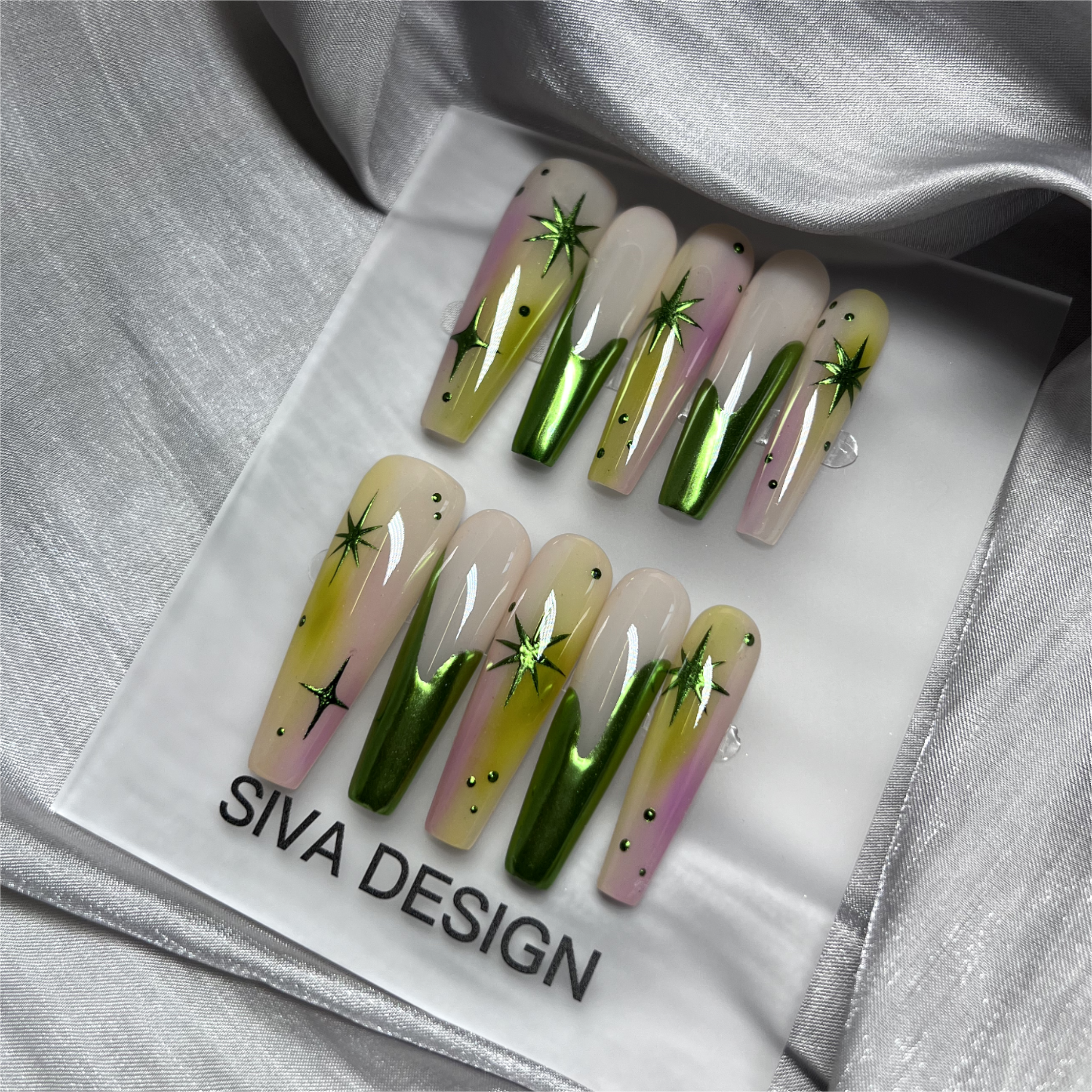 Siva Nail, Verdant Whimsy, Ombre Artistic Green and Purple, Acrylic Handmade Press on Nails