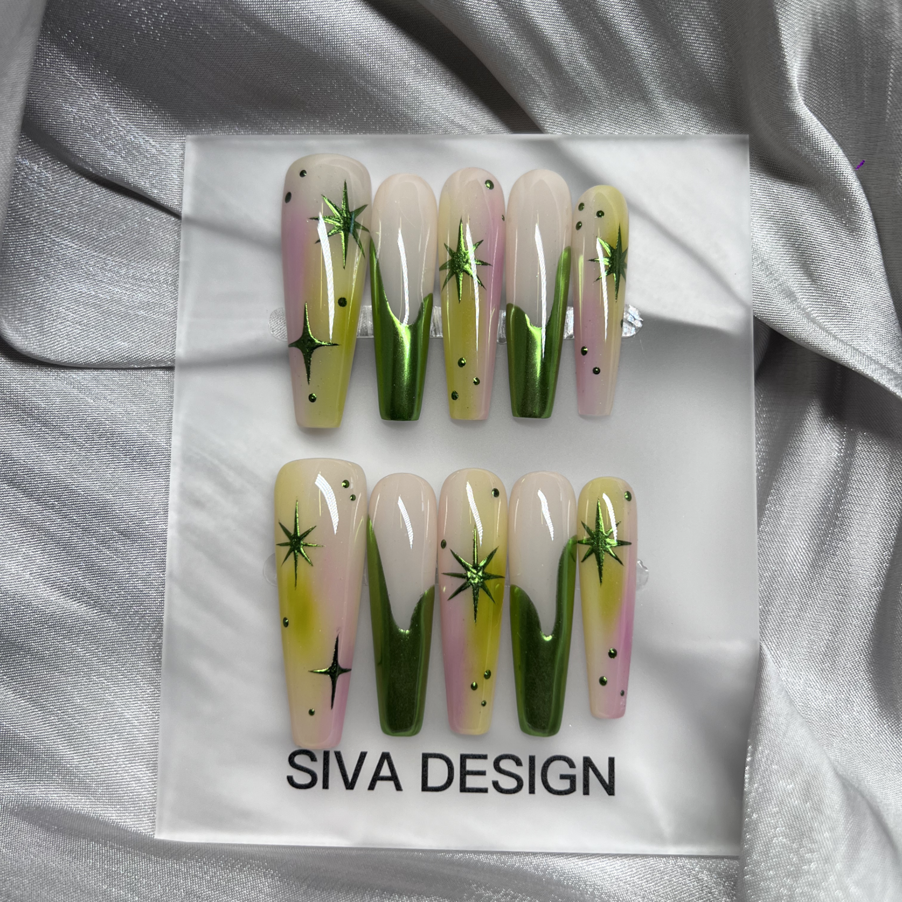 Siva Nail, Verdant Whimsy, Ombre Artistic Green and Purple, Acrylic Handmade Press on Nails