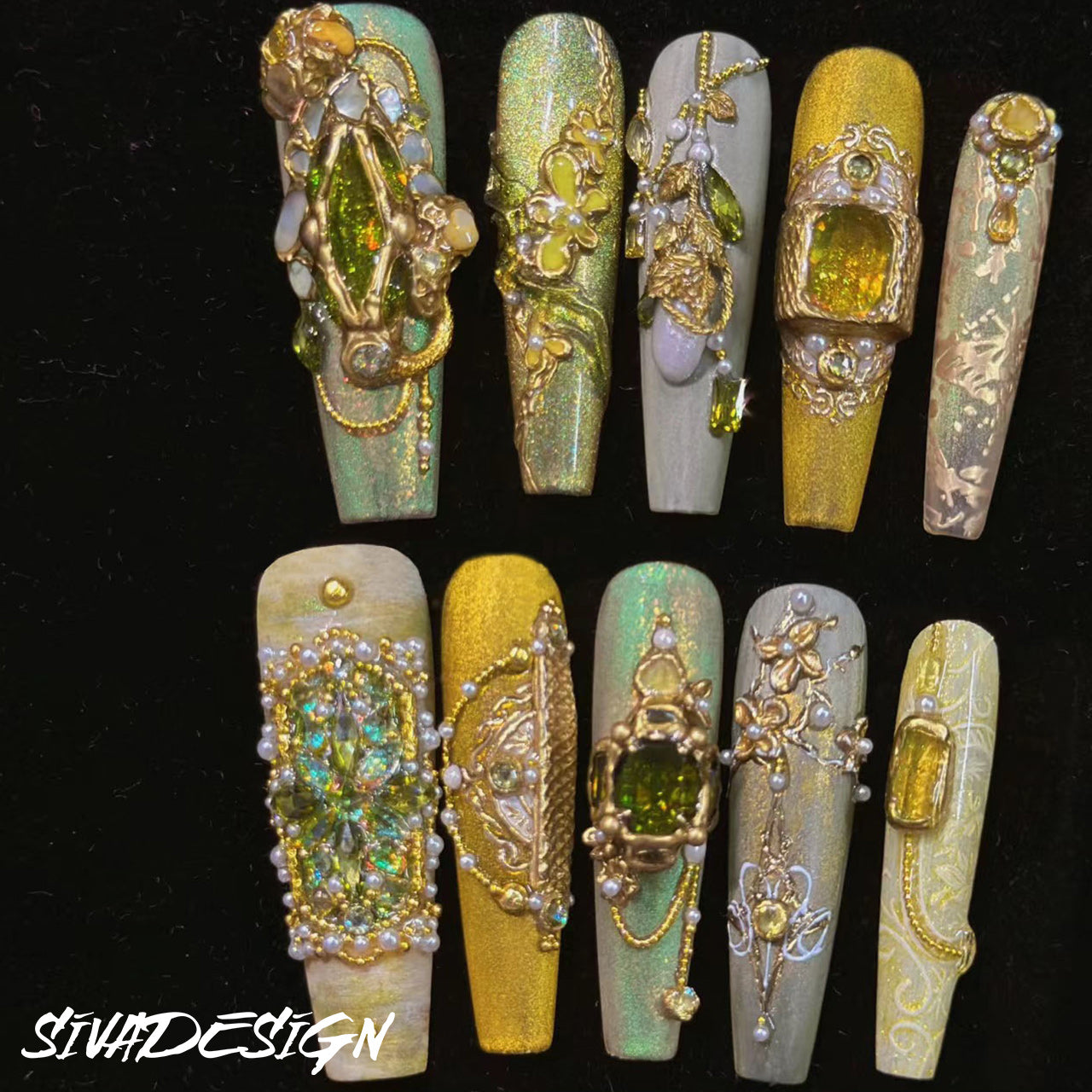 Siva Nail, Midas Touch, Golden Elegance Acrylic Press on Nails