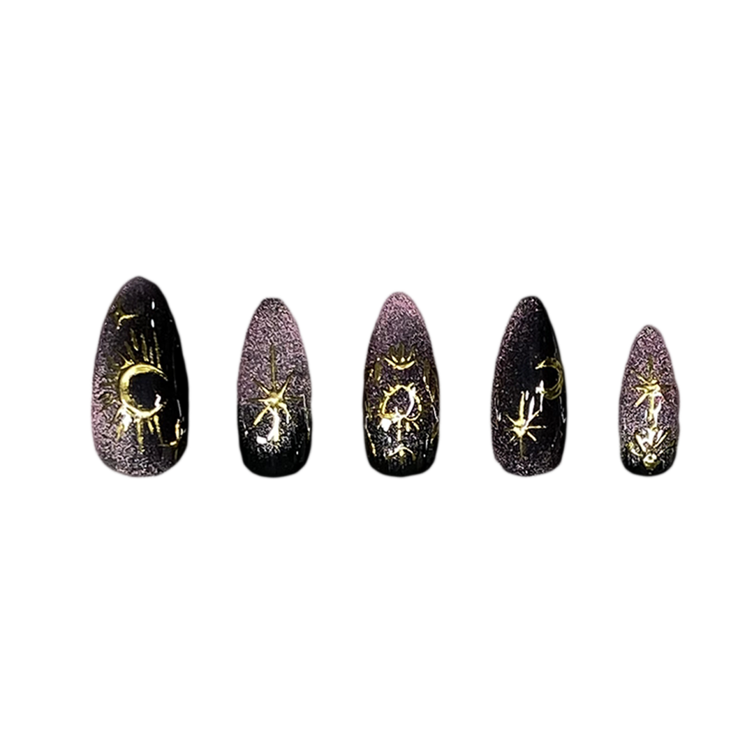 Siva Nail,Deep Purple Cat-Eye & Gold Star Moon Handmade Press on Nails