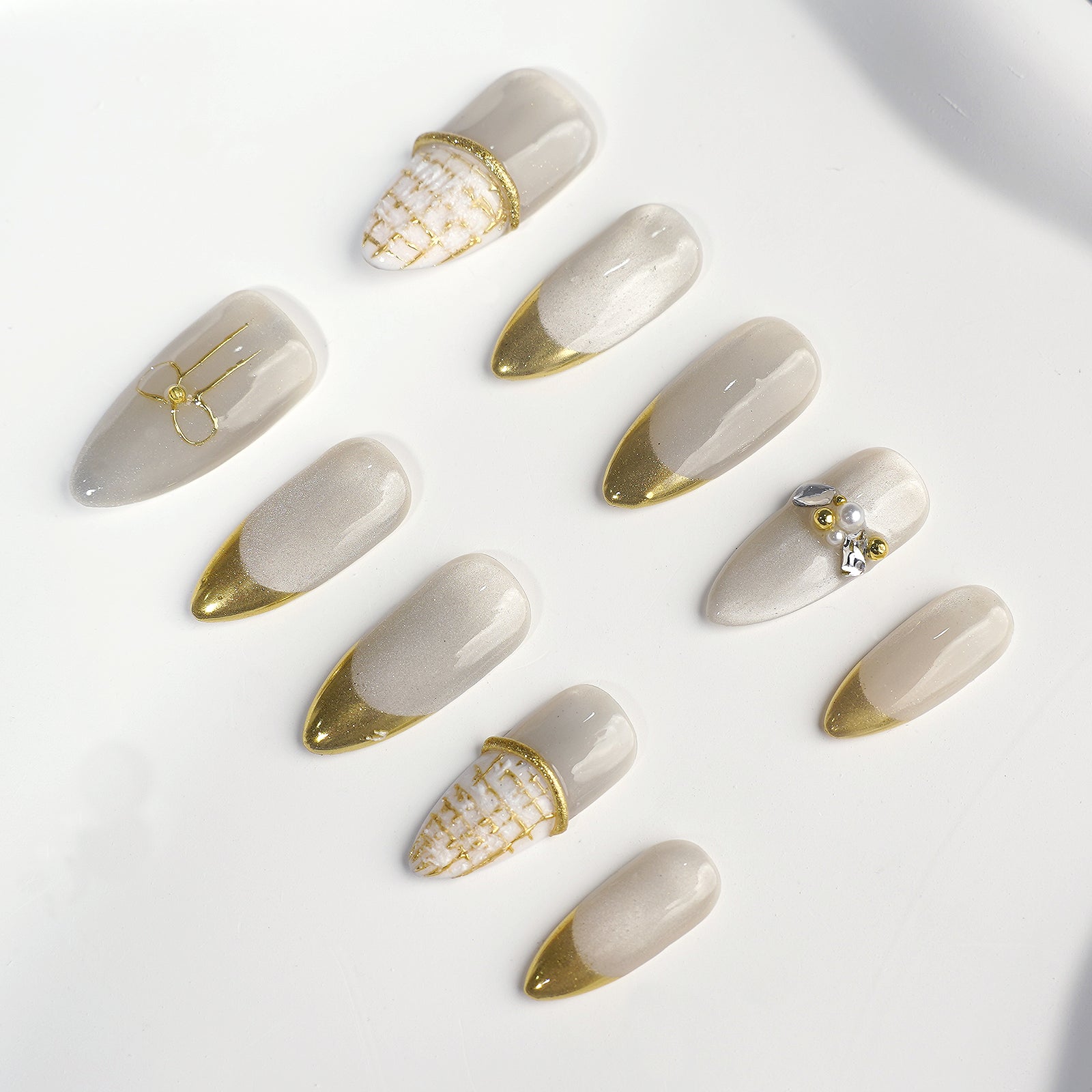 Siva Nail, Creamy Chateau, Elegant French Pearl Accent, Handmade Press on Nails