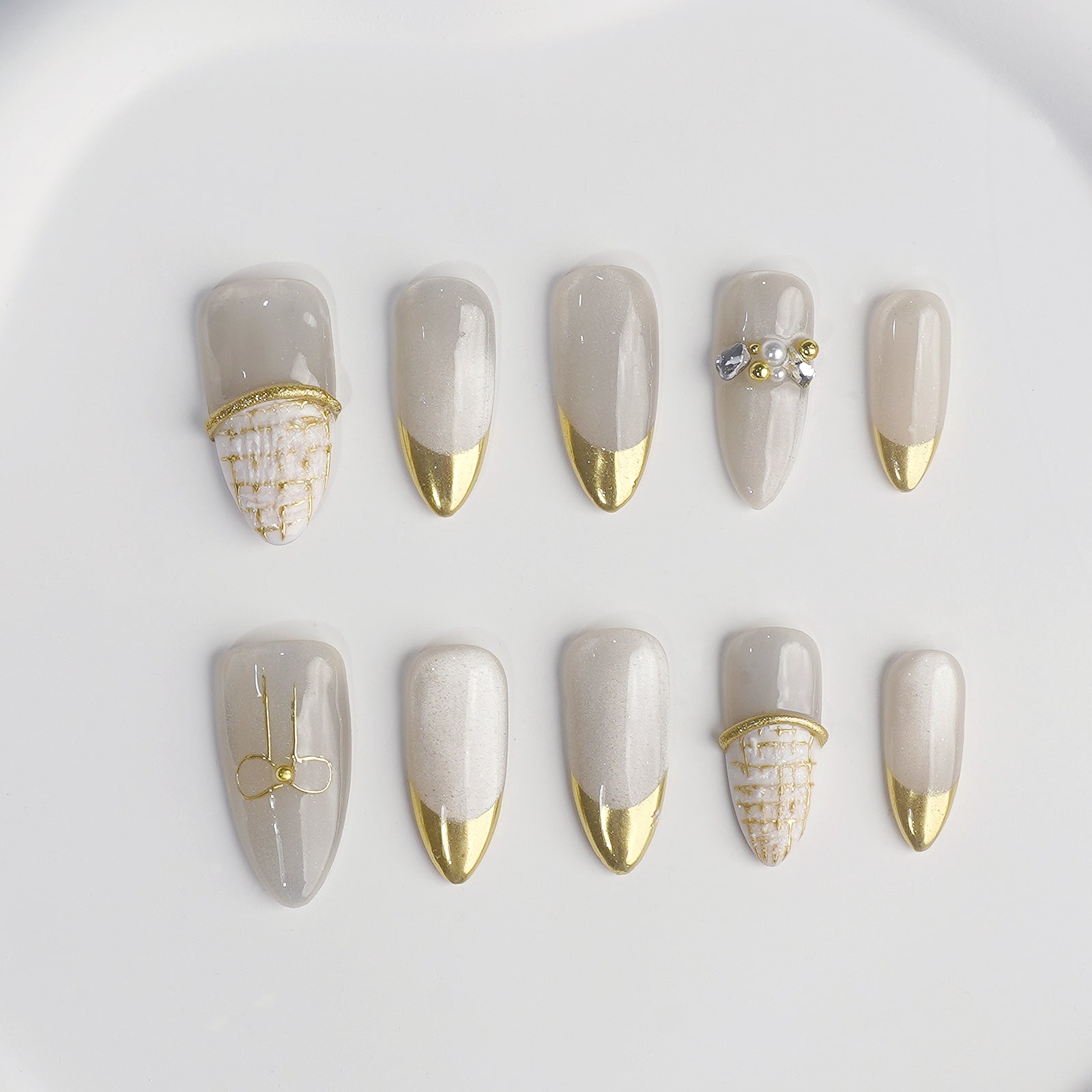 Siva Nail, Creamy Chateau, Elegant French Pearl Accent, Handmade Press on Nails