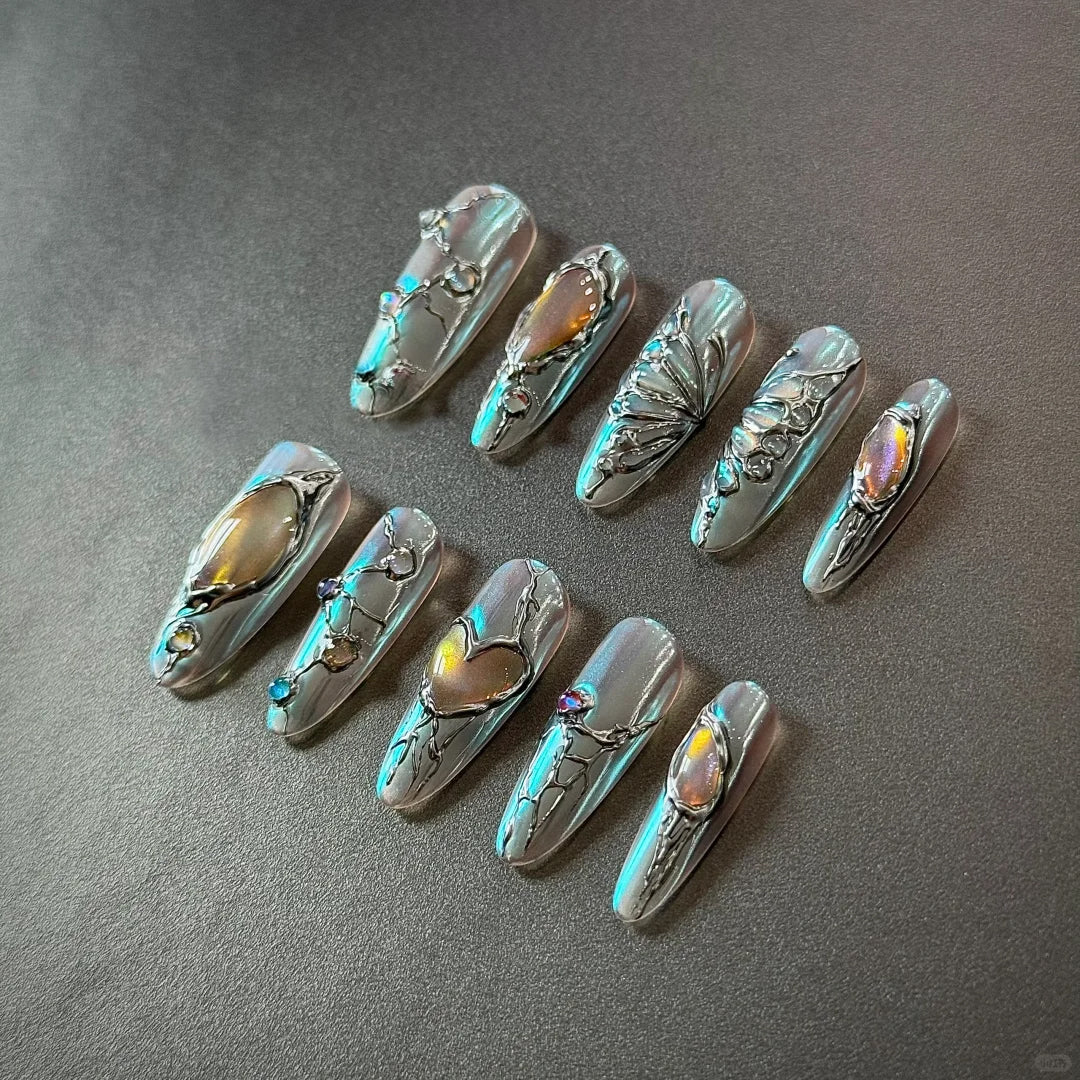 Siva Nail, Butterfly Trace, Metallic Gem Art, Handmade Press on Nails