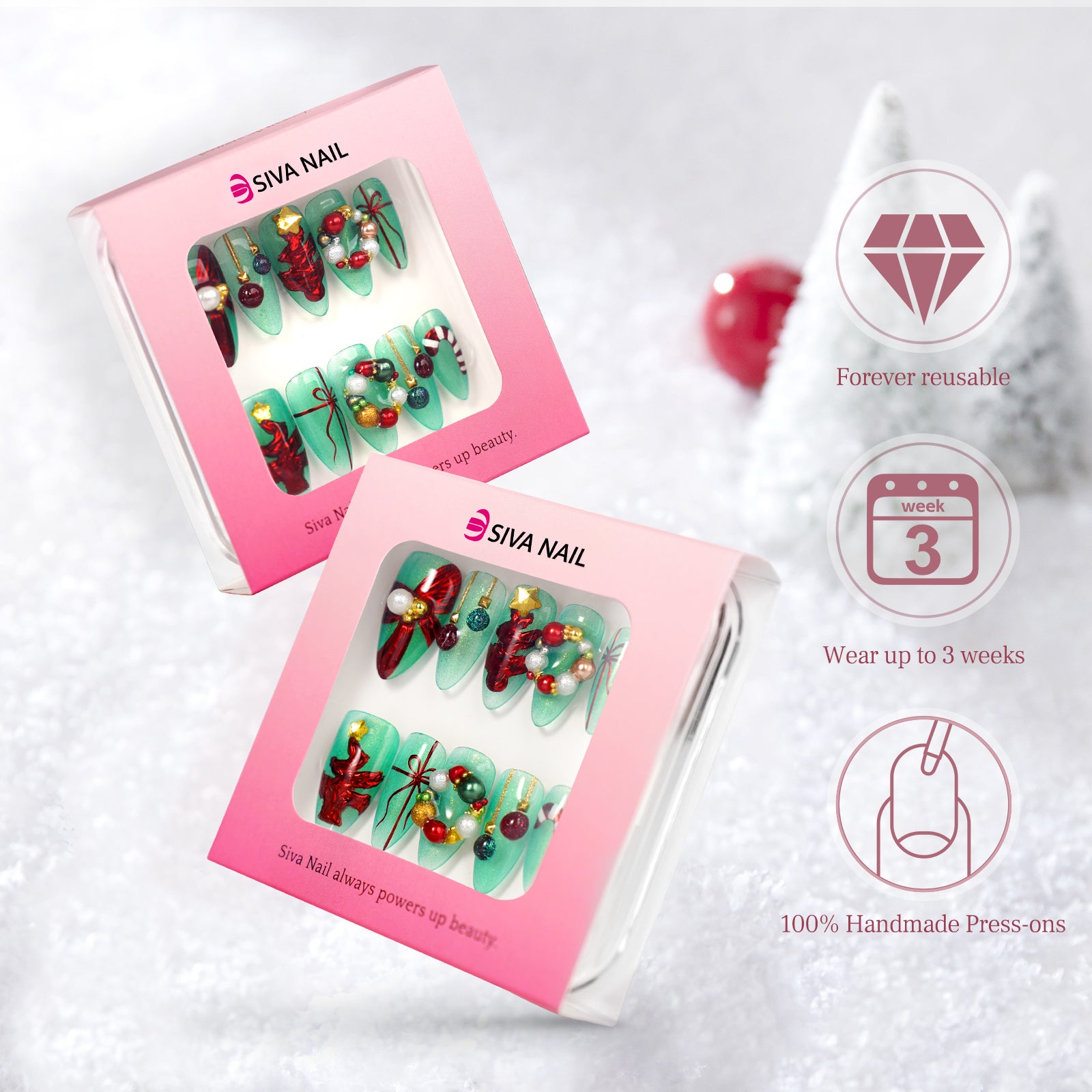 Siva Nail, Evergreen Enchantment, Christmas Wonderland, Handmade Press on Nails