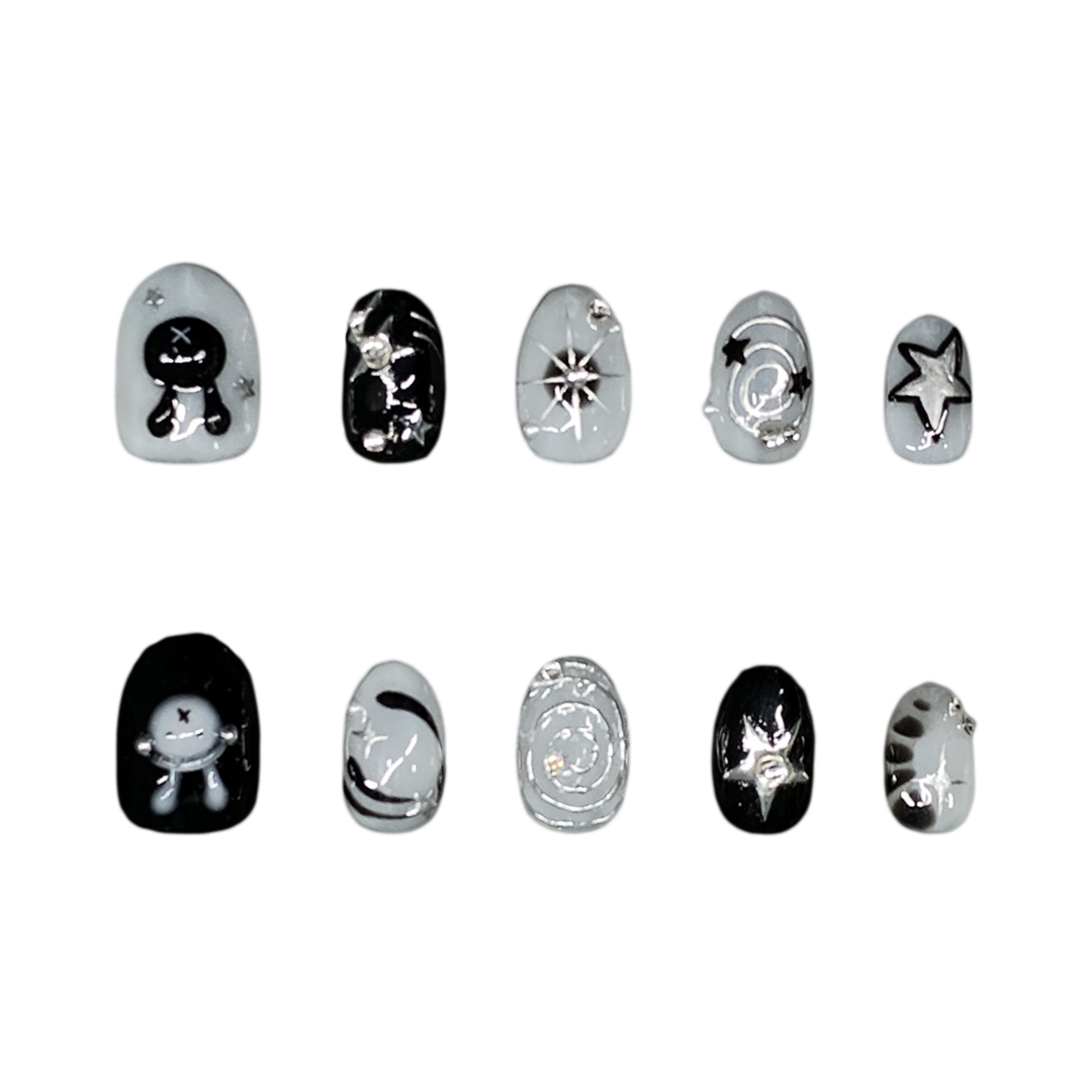 Siva Nail,Monochrome Star & Bunny – Black & White Art Set Handmade Press on Nails