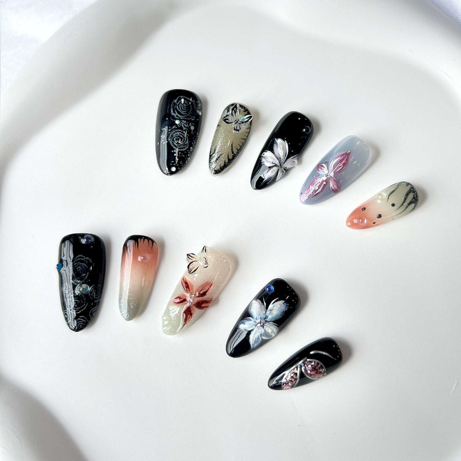 Siva Nail, Twilight Blossom, Artistic Floral, Handmade Press on Nails