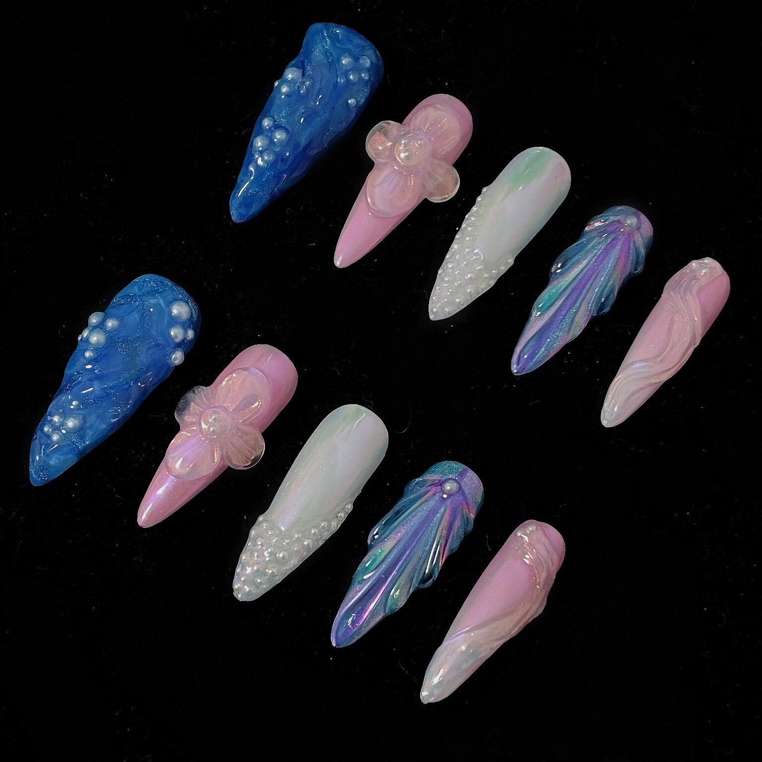 Siva Nail, Ocean Rose, Floral Pearl Fantasy, Handmade Press on Nails