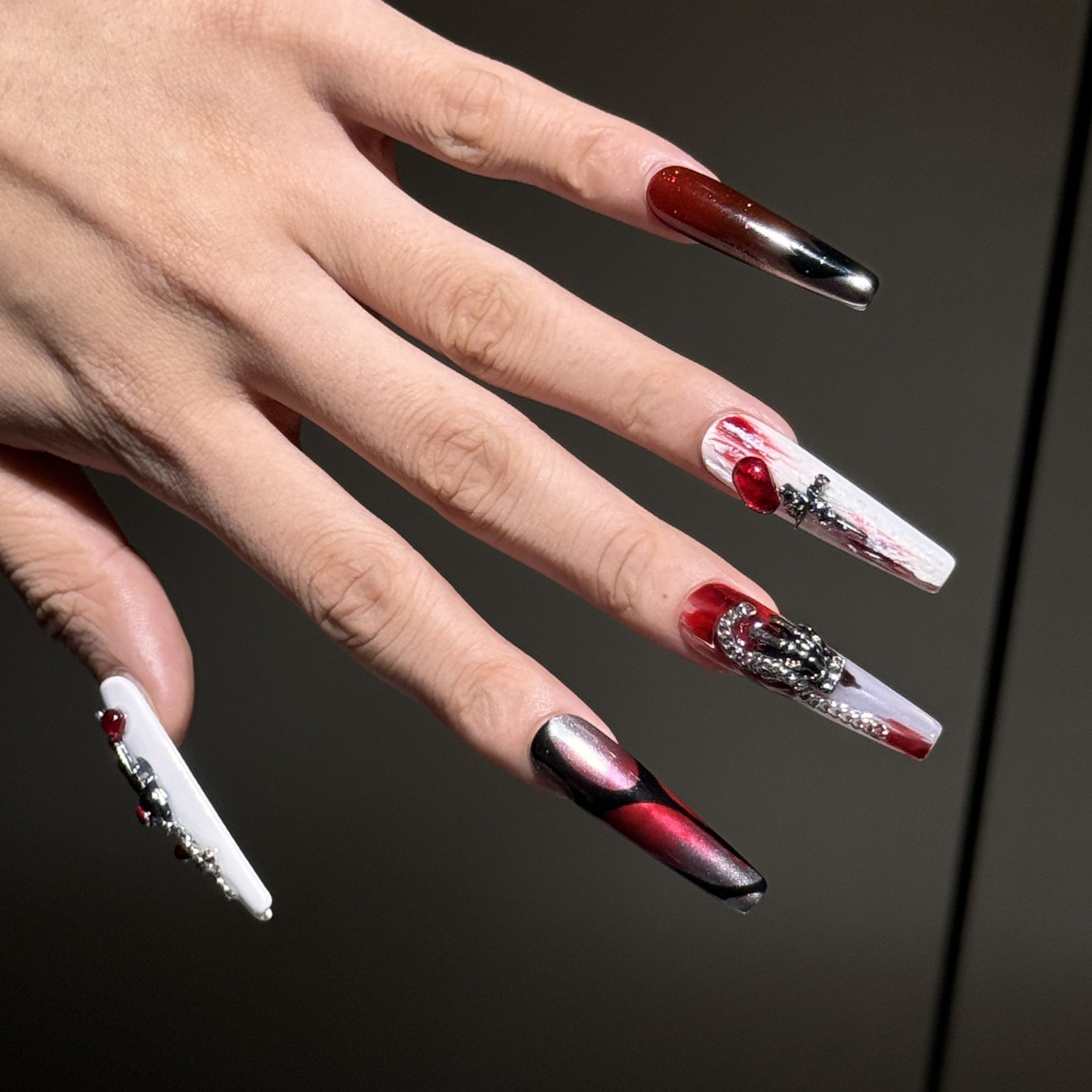 Siva Nail, Crimson Metal, Gothic Glam Press on Nails