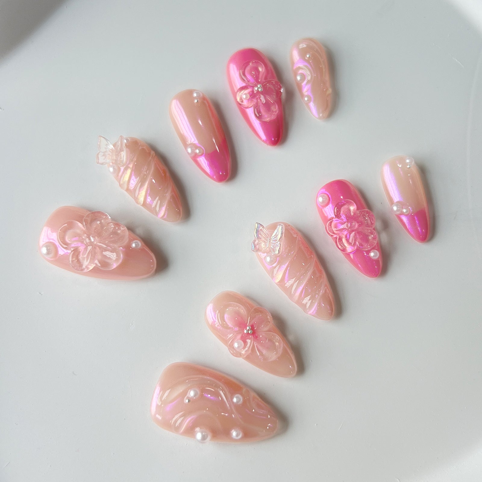 Siva Nail, Pink Blossom, Elegant Floral Acrylic Press on Nails