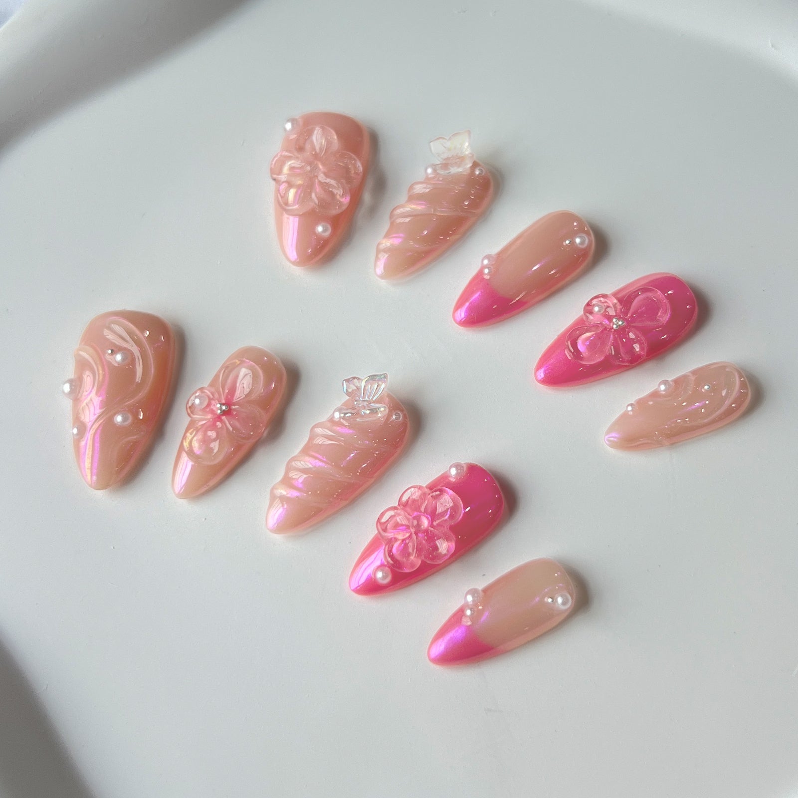 Siva Nail, Pink Blossom, Elegant Floral Acrylic Press on Nails