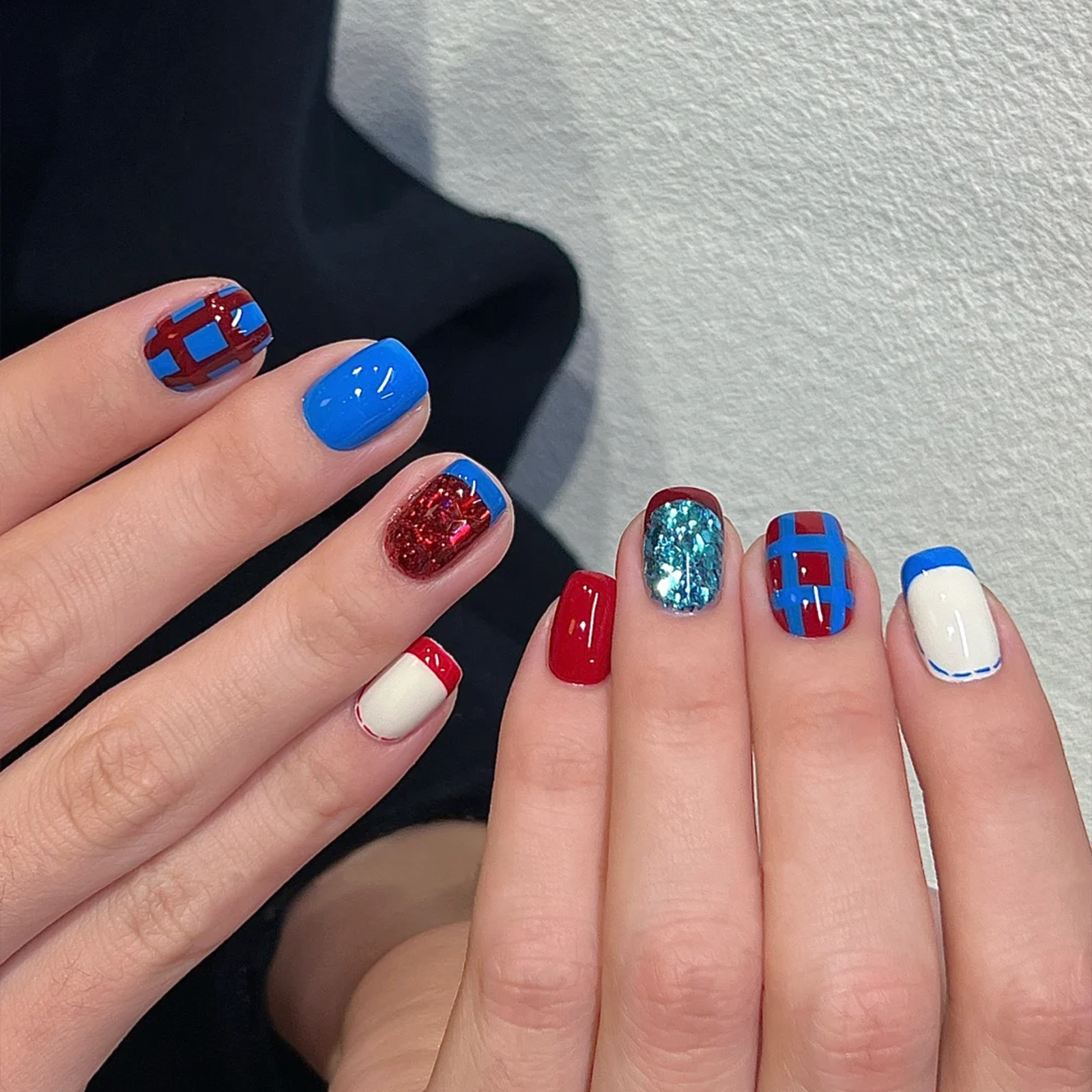 Siva Nail, Liberty Grid, Red Blue Handmade Press on Nails