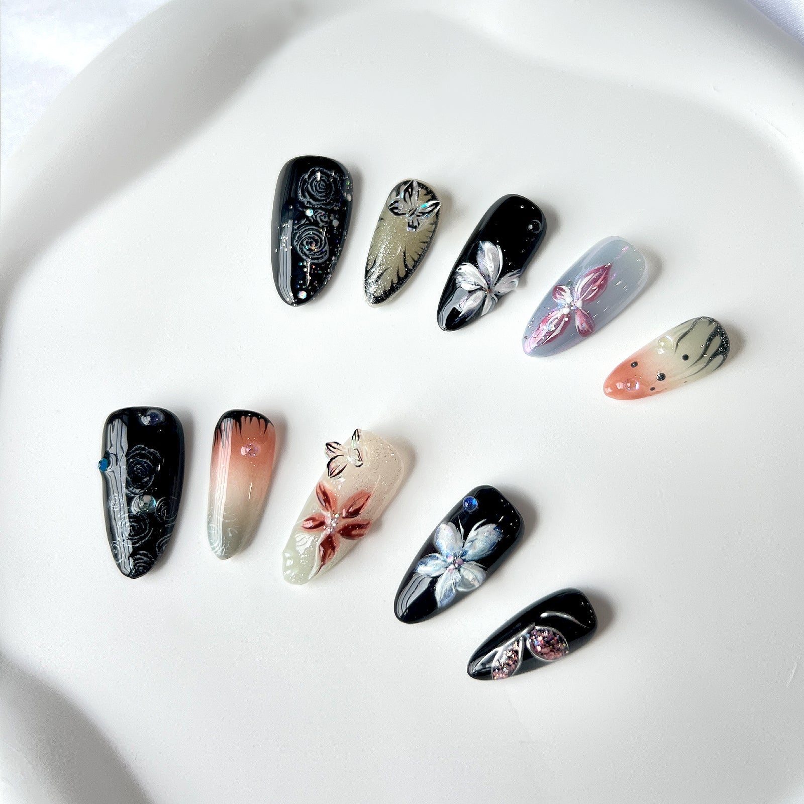 Siva Nail, Twilight Blossom, Artistic Floral Acrylic Press on Nails